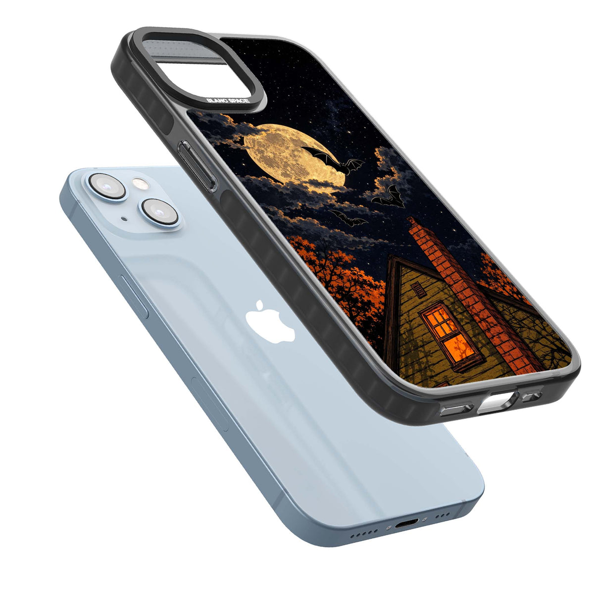Hollows Eve Halloween iPhone case featuring a haunted house, full moon and flying bats against a starry autumn sky | Black Impact case for iPhone 13, iPhone 14, iPhone 15