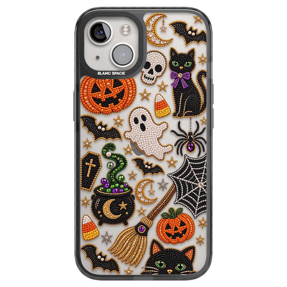 Beaded Halloween Halloween iPhone case featuring beaded pumpkins, ghosts, black cats and bats | Black Impact case for iPhone 13, iPhone 14, iPhone 15