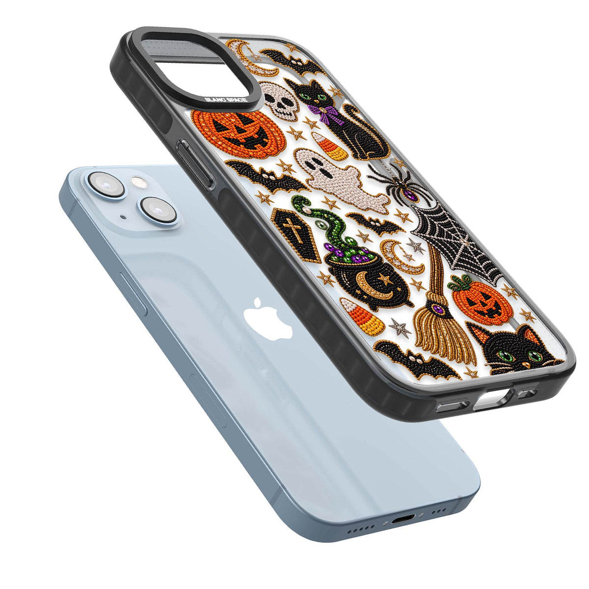 Beaded Halloween Halloween iPhone case featuring beaded pumpkins, ghosts, black cats and bats | Black Impact case for iPhone 13, iPhone 14, iPhone 15