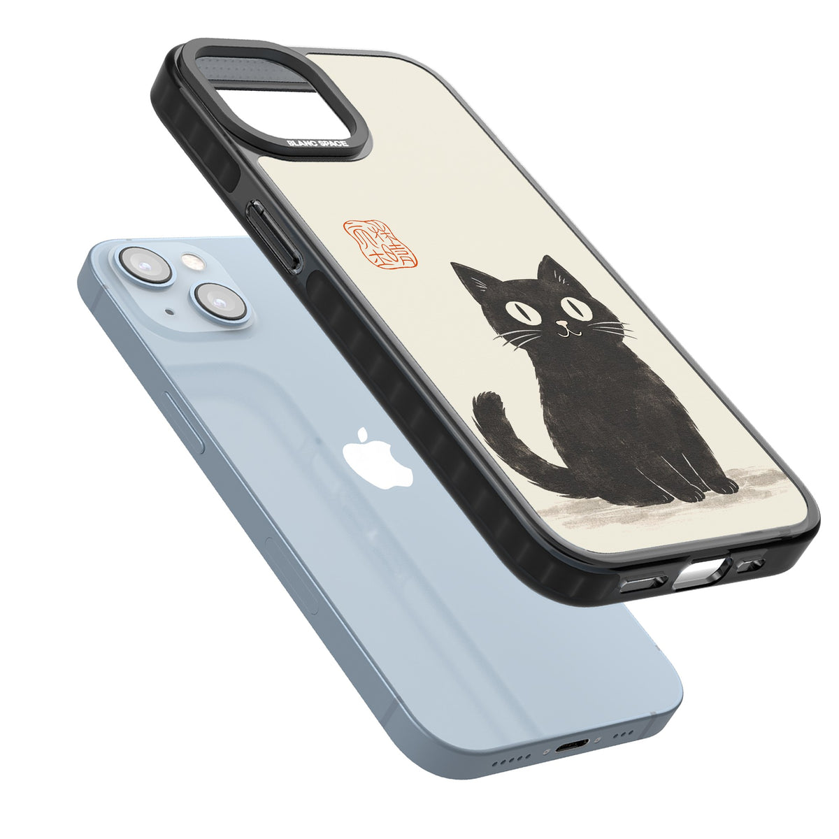 Black Ink Brushstroke Cat iPhone 12 / 12 Pro / iPhone 13 / iPhone 14 / iPhone 14 Plus / iPhone 15 / iPhone 15 Plus Impact Black Phone Case angled