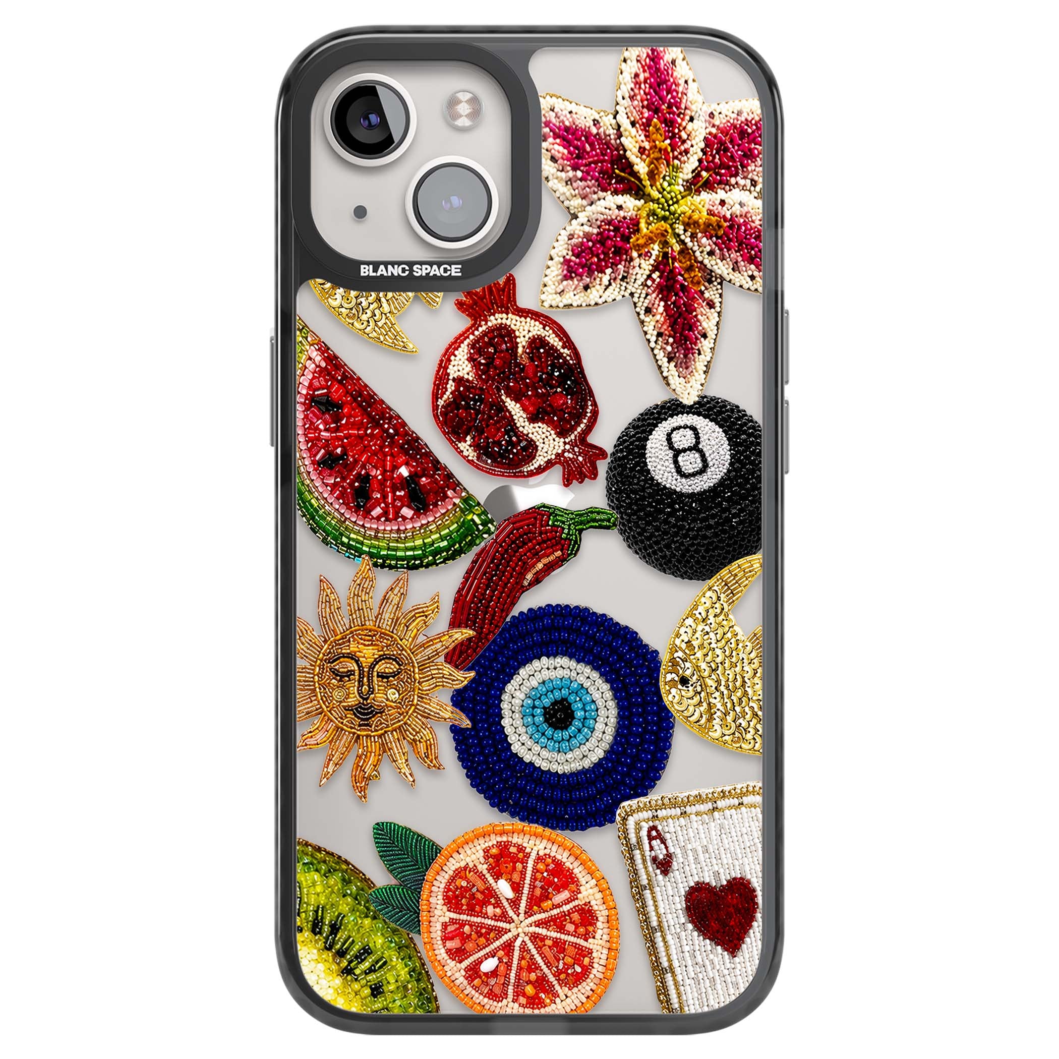 Beaded Charms embroidery iPhone case featuring beaded evil eye, fruit patches and a golden sun motif | Black Impact case for iPhone 13, iPhone 14, iPhone 15