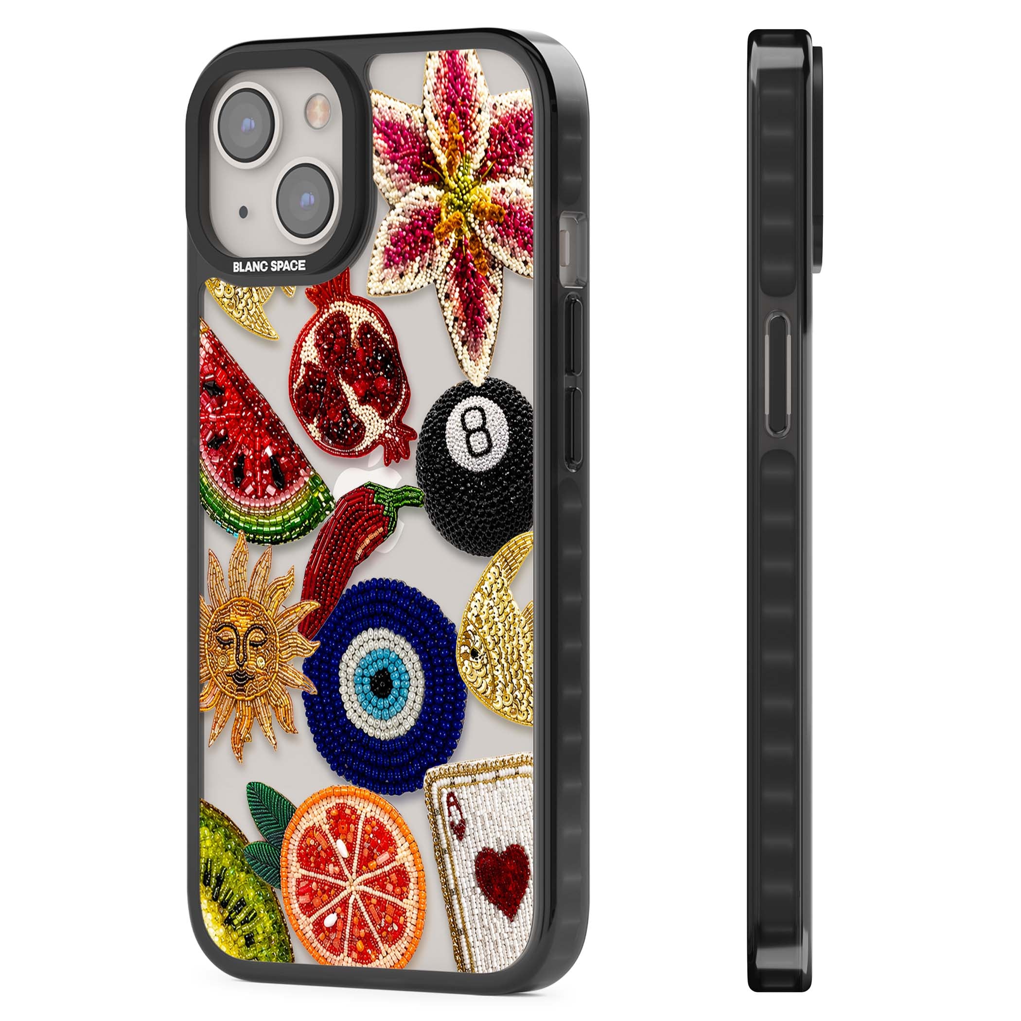 Beaded Charms embroidery iPhone case featuring beaded evil eye, fruit patches and a golden sun motif | Black Impact case for iPhone 13, iPhone 14, iPhone 15