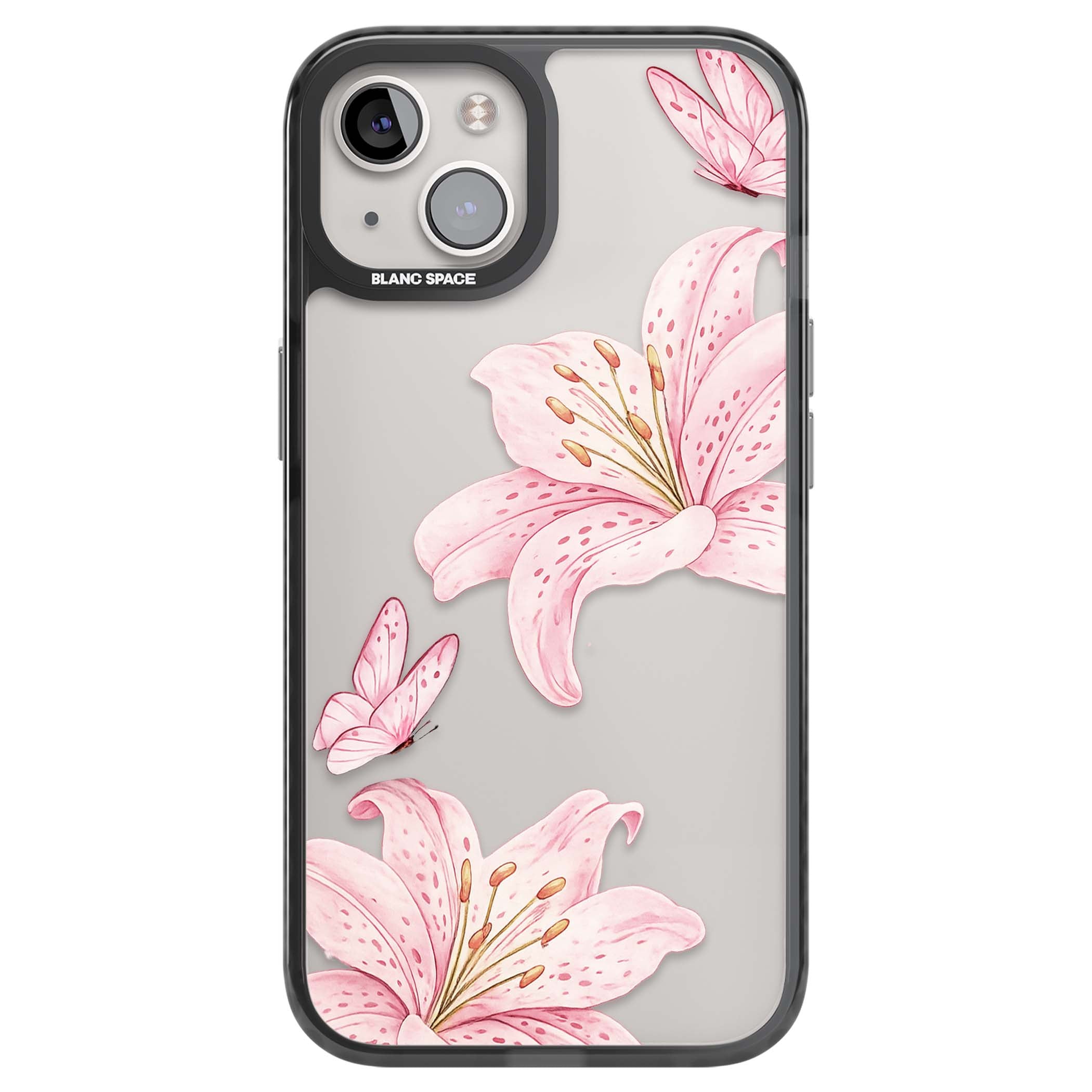 Lily Whisper floral iPhone case featuring pink watercolour lilies and delicate butterflies on a clear background | Black Impact case for iPhone 13, iPhone 14, iPhone 15