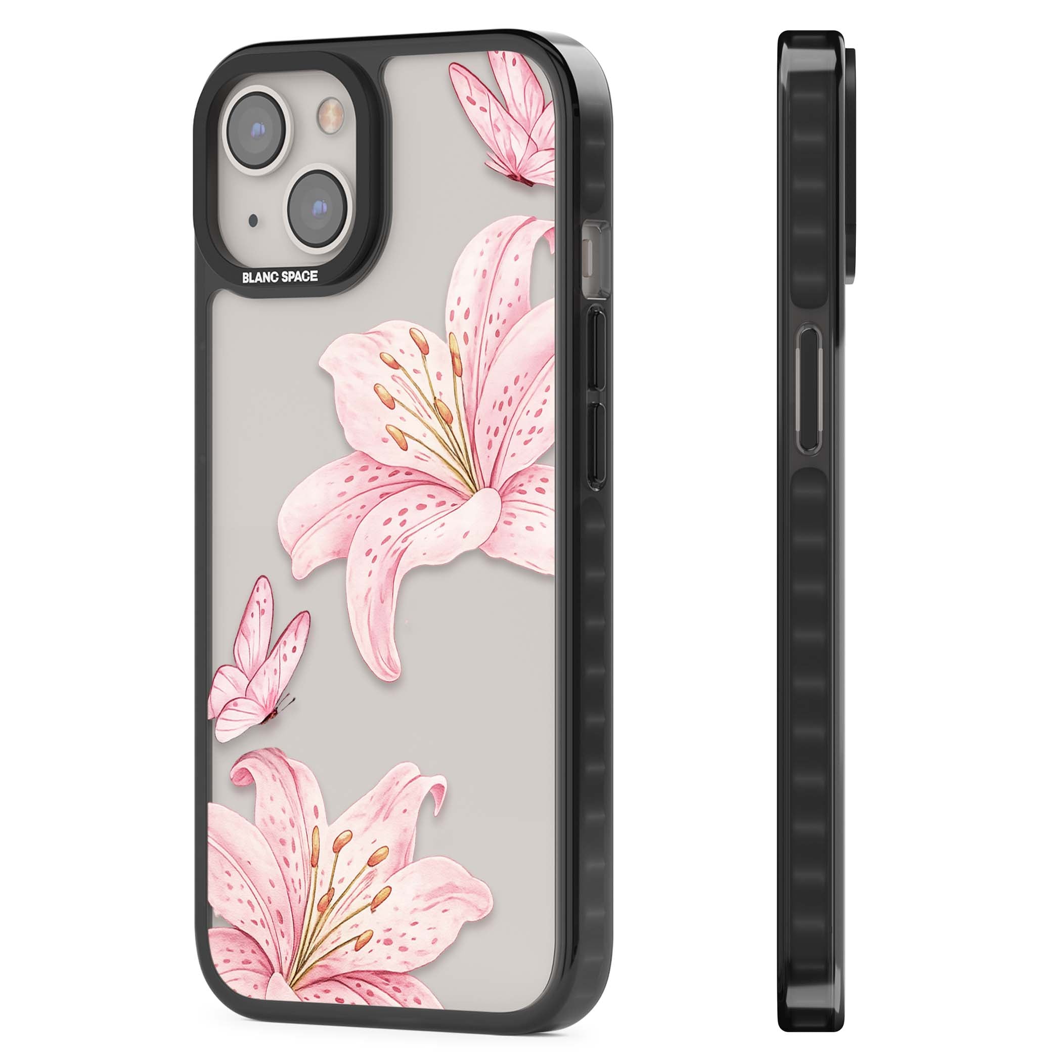 Lily Whisper floral iPhone case featuring pink watercolour lilies and delicate butterflies on a clear background | Black Impact case for iPhone 13, iPhone 14, iPhone 15