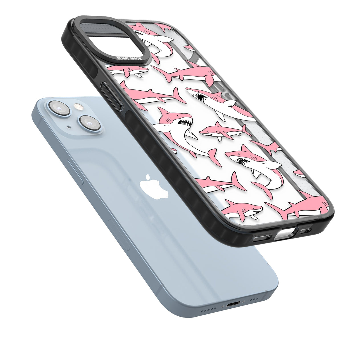 Bubblegum Sharks iPhone 12 / 12 Pro / iPhone 13 / iPhone 14 / iPhone 14 Plus / iPhone 15 / iPhone 15 Plus Impact Black Phone Case angled