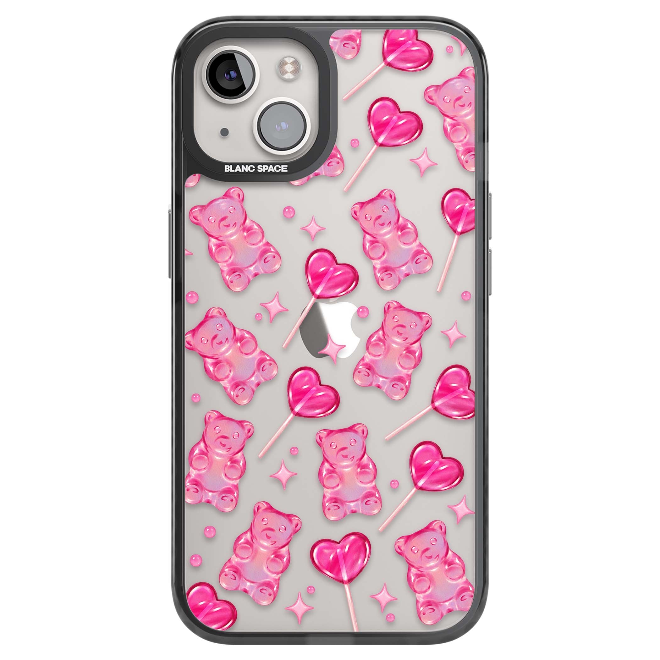Pink Sugar pinkcore iPhone case featuring pink gummy bears, heart-shaped lollipops and sparkle stars | Black Impact case for iPhone 13, iPhone 14, iPhone 15