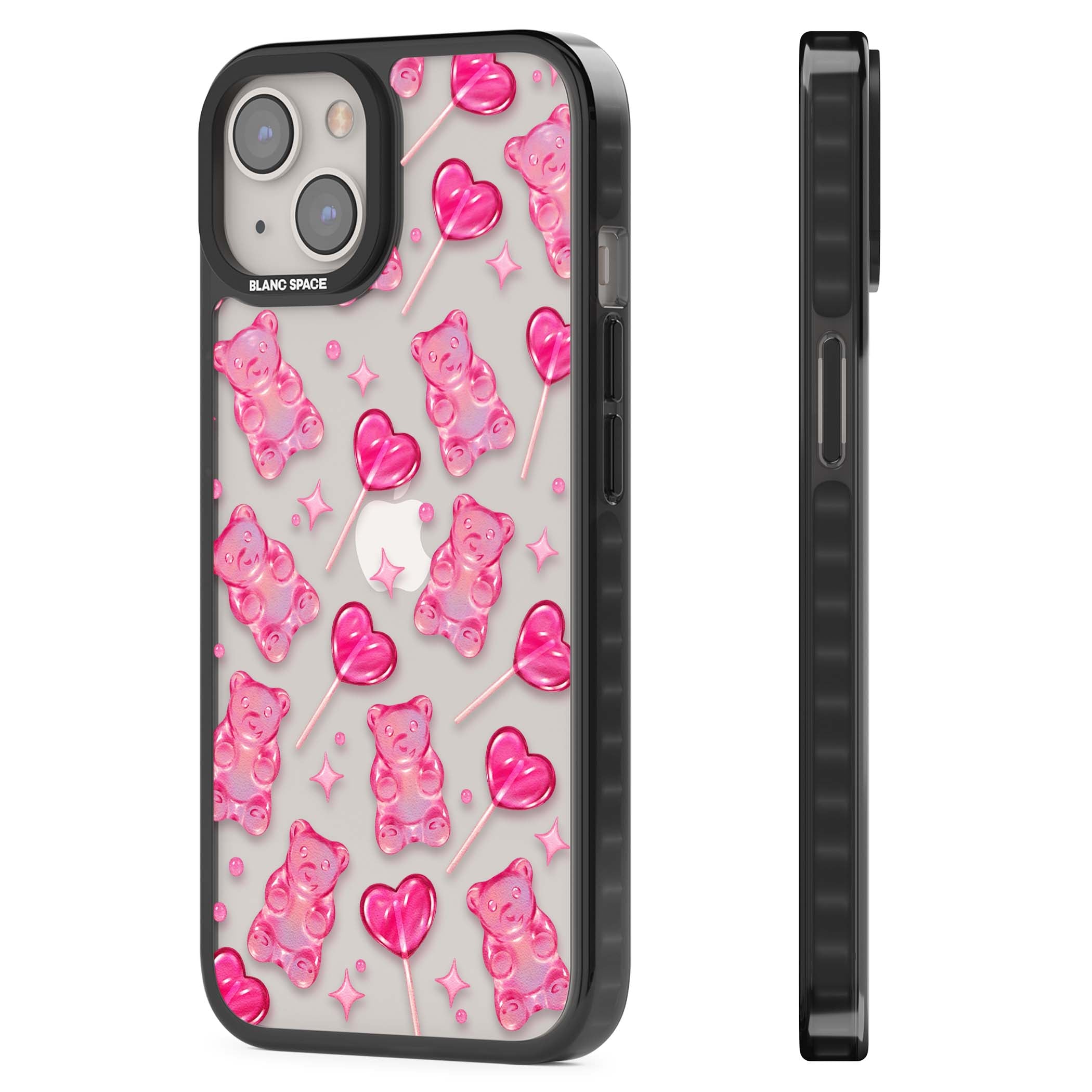 Pink Sugar pinkcore iPhone case featuring pink gummy bears, heart-shaped lollipops and sparkle stars | Black Impact case for iPhone 13, iPhone 14, iPhone 15