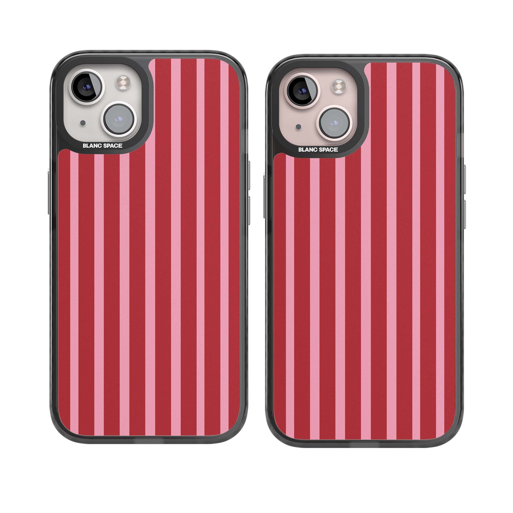 Raspberry Stripe coquette iPhone case featuring red and pink vertical stripes in a candy-inspired pattern | Black Impact case for iPhone 13, iPhone 14, iPhone 15