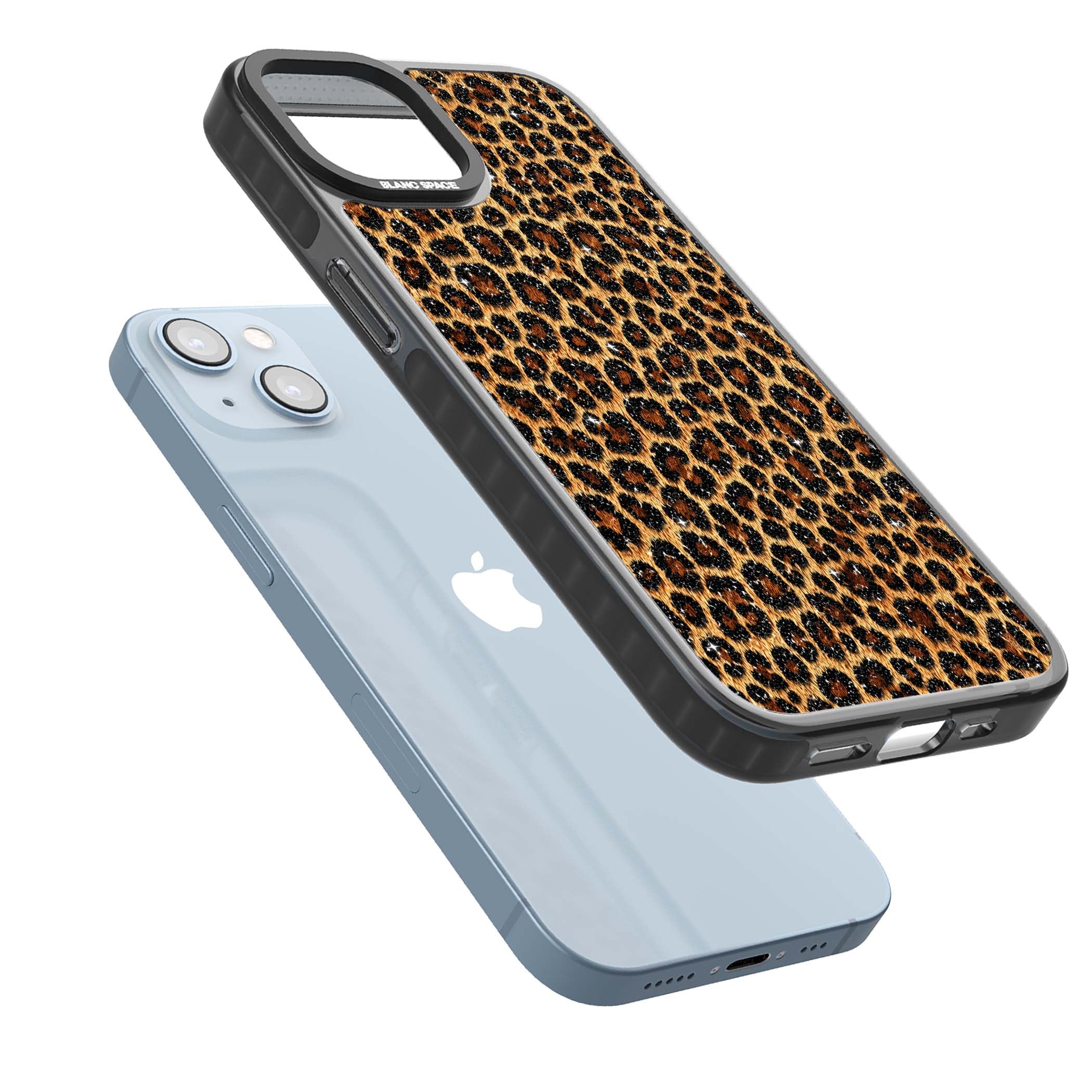 Diamond Leopard leopard print iPhone case featuring golden tan fur, black rosette spots and subtle glitter sparkle | Black Impact case for iPhone 13, iPhone 14, iPhone 15