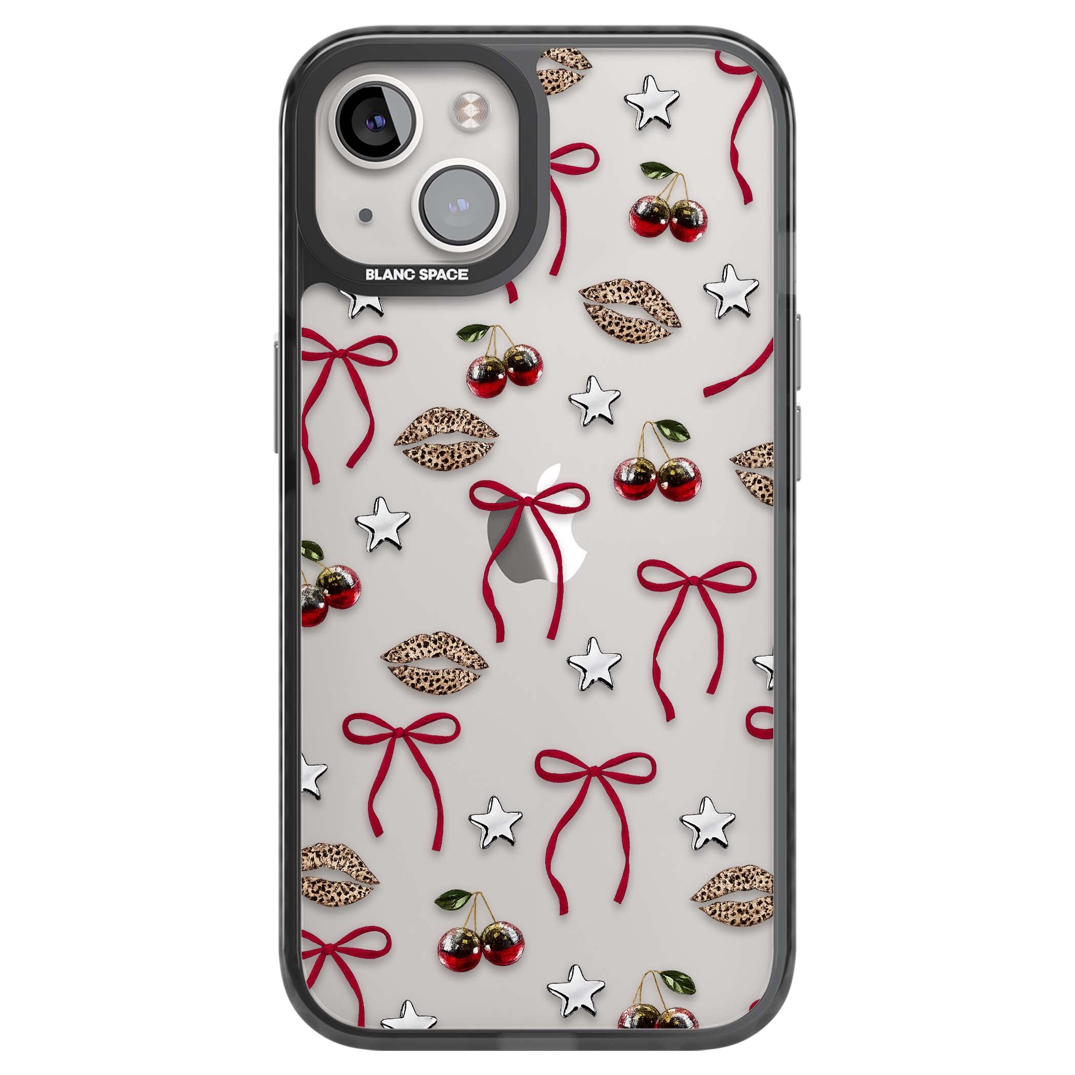Starlet coquette iPhone case featuring red ribbon bows, disco cherries and leopard-print lips | Black Impact case for iPhone 13, iPhone 14, iPhone 15
