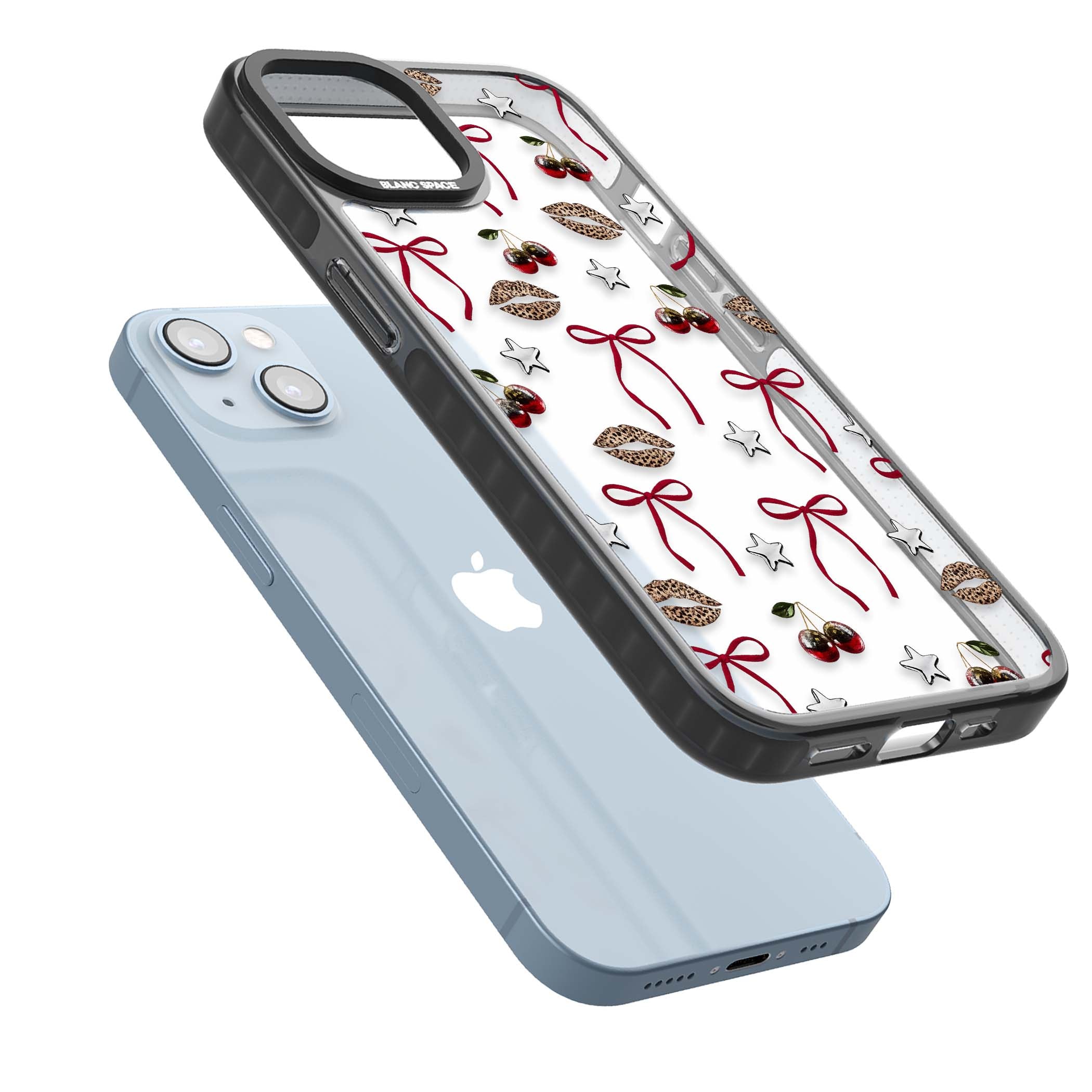 Starlet coquette iPhone case featuring red ribbon bows, disco cherries and leopard-print lips | Black Impact case for iPhone 13, iPhone 14, iPhone 15