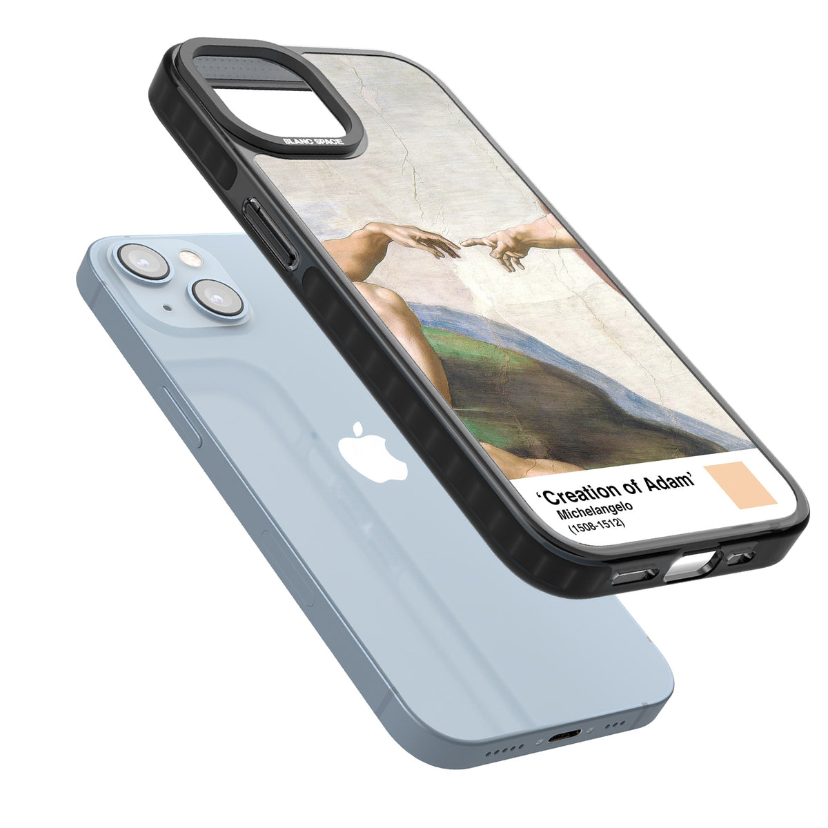 Creation Of Adam iPhone 12 / 12 Pro / iPhone 13 / iPhone 14 / iPhone 14 Plus / iPhone 15 / iPhone 15 Plus Impact Black Phone Case angled