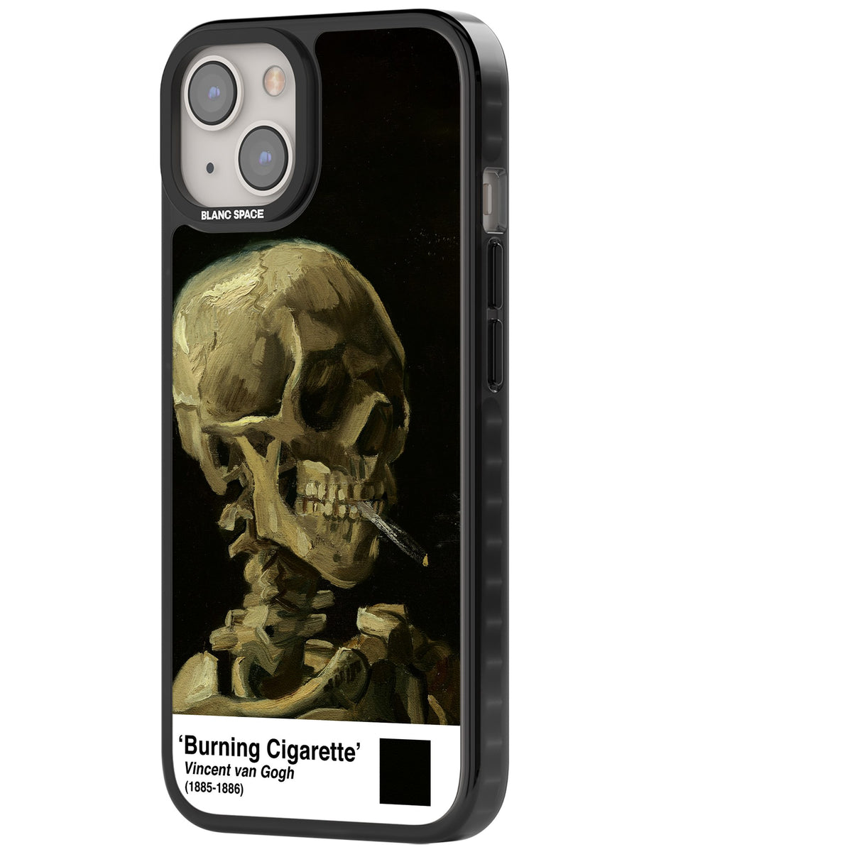 Skull Of A Skeleton With Burning Cigarette iPhone 12 / 12 Pro / iPhone 13 / iPhone 14 / iPhone 14 Plus / iPhone 15 / iPhone 15 Plus Impact Black Phone Case side