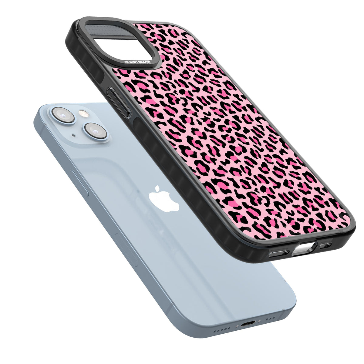 Pink Leopard iPhone 12 / 12 Pro / iPhone 13 / iPhone 14 / iPhone 14 Plus / iPhone 15 / iPhone 15 Plus Impact Black Phone Case angled