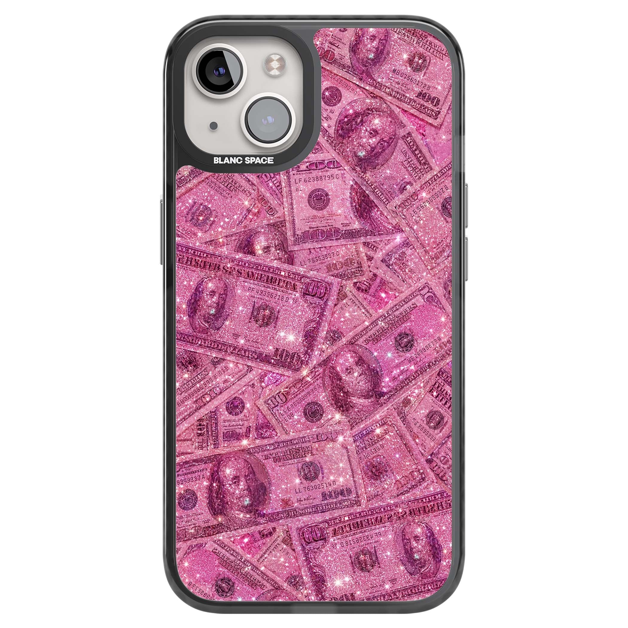 Glamorous baddie iPhone case featuring pink glitter hundred dollar bills and sparkling money wallpaper design | Black Impact case for iPhone 13, iPhone 14, iPhone 15