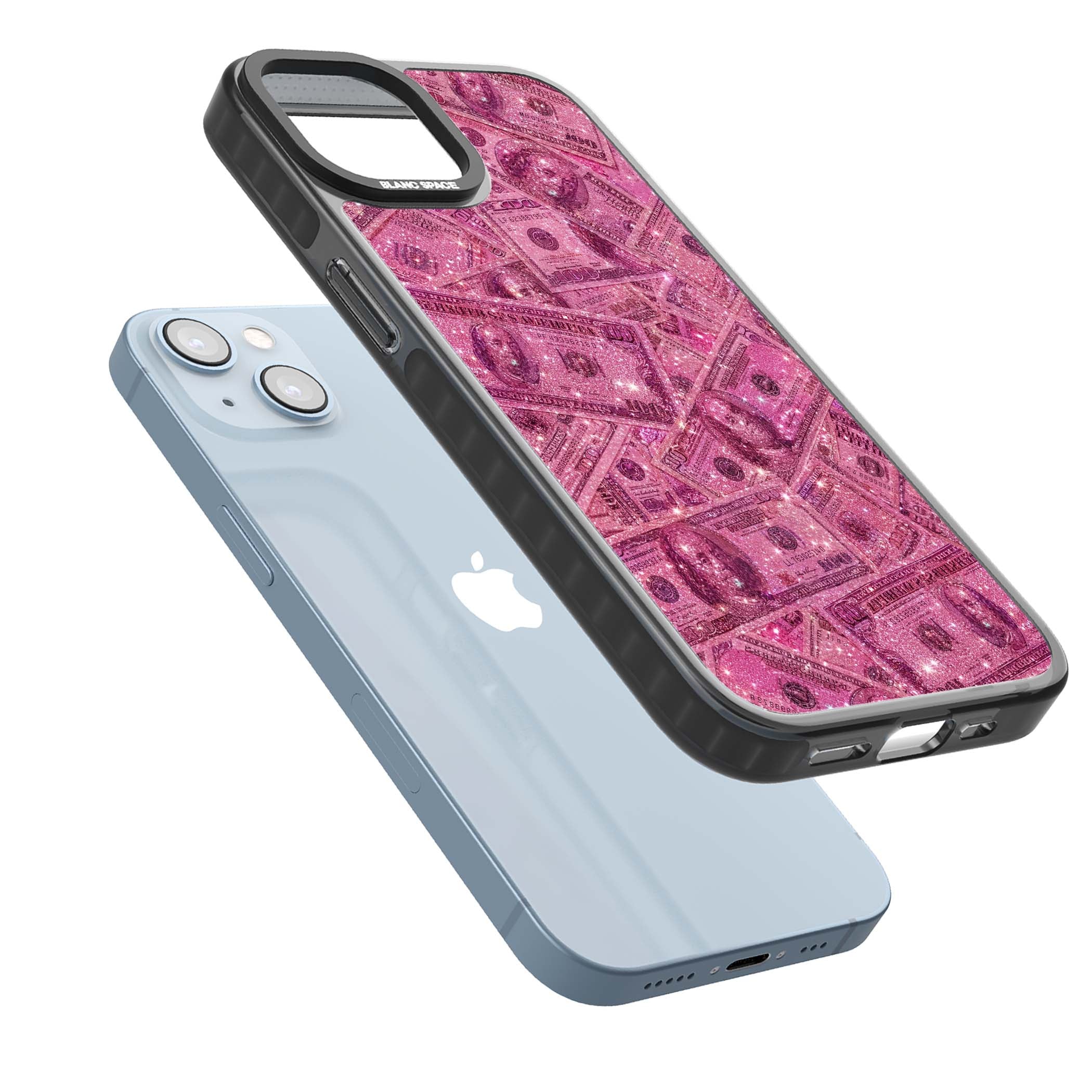 Glamorous baddie iPhone case featuring pink glitter hundred dollar bills and sparkling money wallpaper design | Black Impact case for iPhone 13, iPhone 14, iPhone 15
