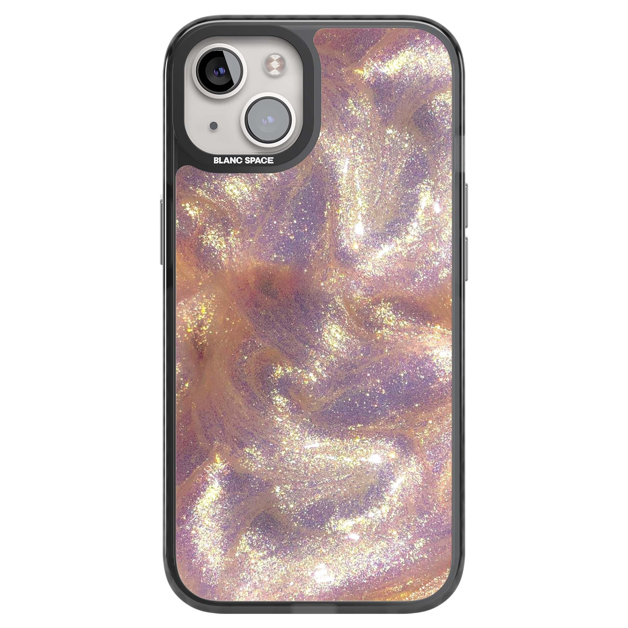 Shimmer marble iPhone case featuring rose gold glitter swirls, lilac shimmer and iridescent pearl finish | Black Impact case for iPhone 13, iPhone 14, iPhone 15