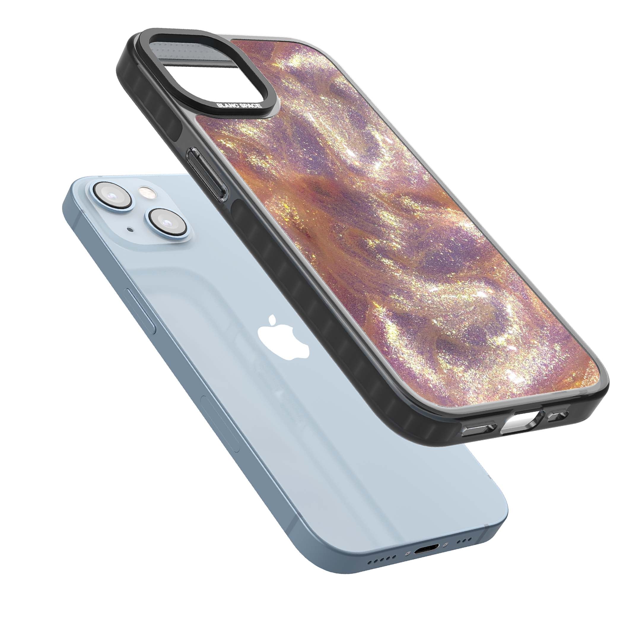 Shimmer marble iPhone case featuring rose gold glitter swirls, lilac shimmer and iridescent pearl finish | Black Impact case for iPhone 13, iPhone 14, iPhone 15