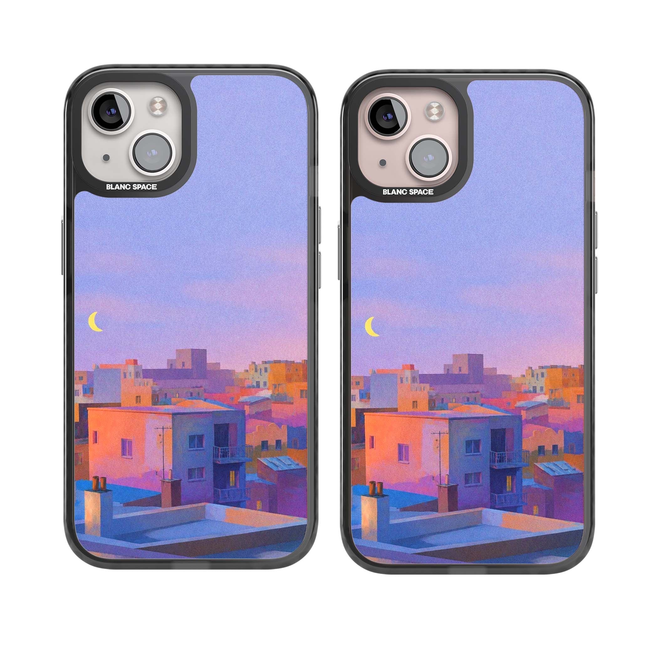 Twilight Rooftops vaporwave iPhone case featuring a pastel sunset cityscape, painted rooftops and a crescent moon. | Black Impact case for iPhone 13, iPhone 14, iPhone 15
