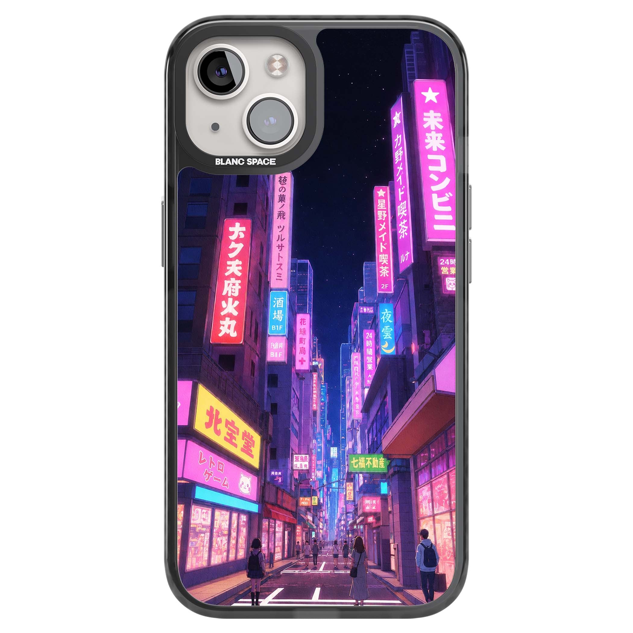 Shibuya At Night Japanese neon city iPhone case featuring glowing kanji signs, pink storefronts and a Tokyo street at n | Black Impact case for iPhone 13, iPhone 14, iPhone 15