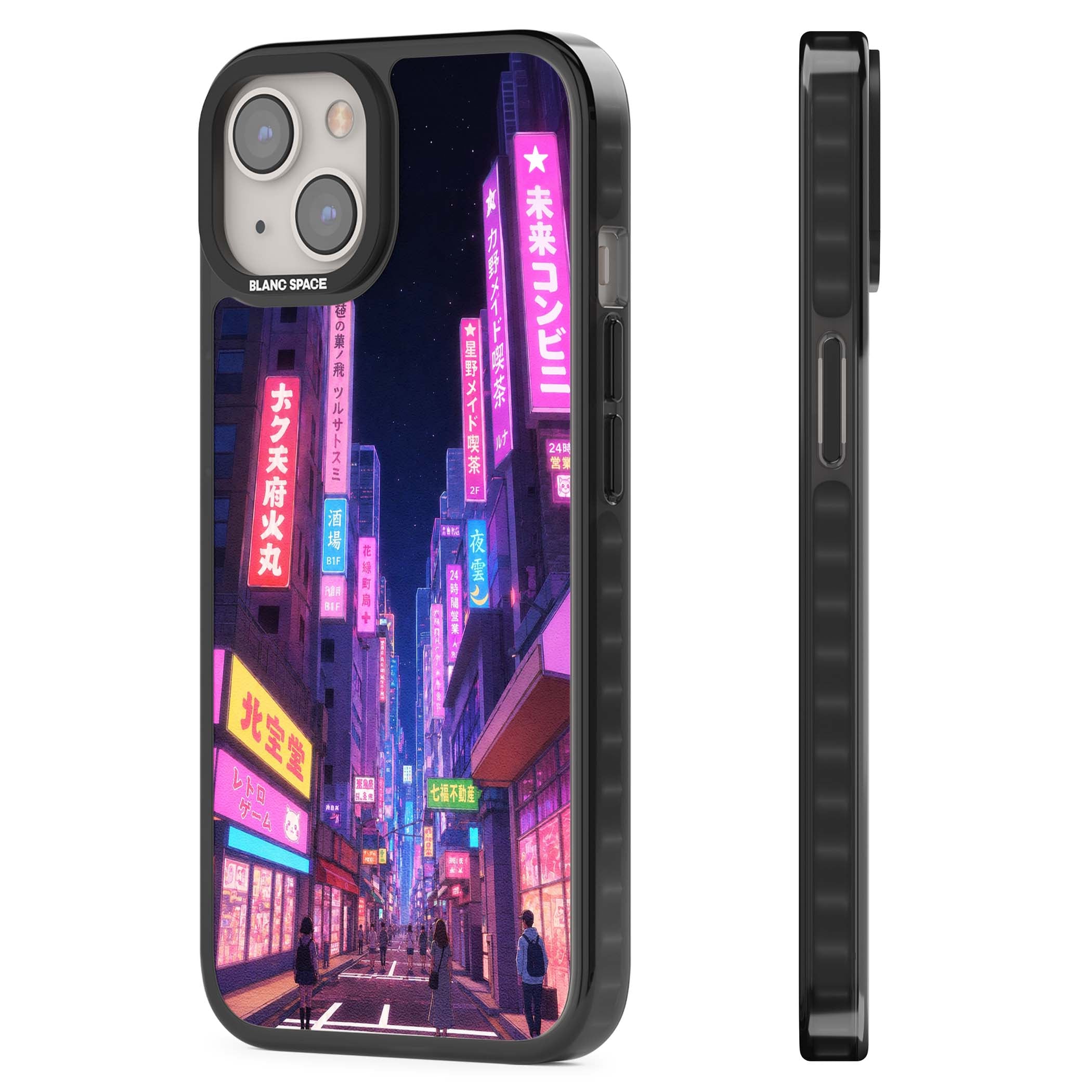 Shibuya At Night Japanese neon city iPhone case featuring glowing kanji signs, pink storefronts and a Tokyo street at n | Black Impact case for iPhone 13, iPhone 14, iPhone 15