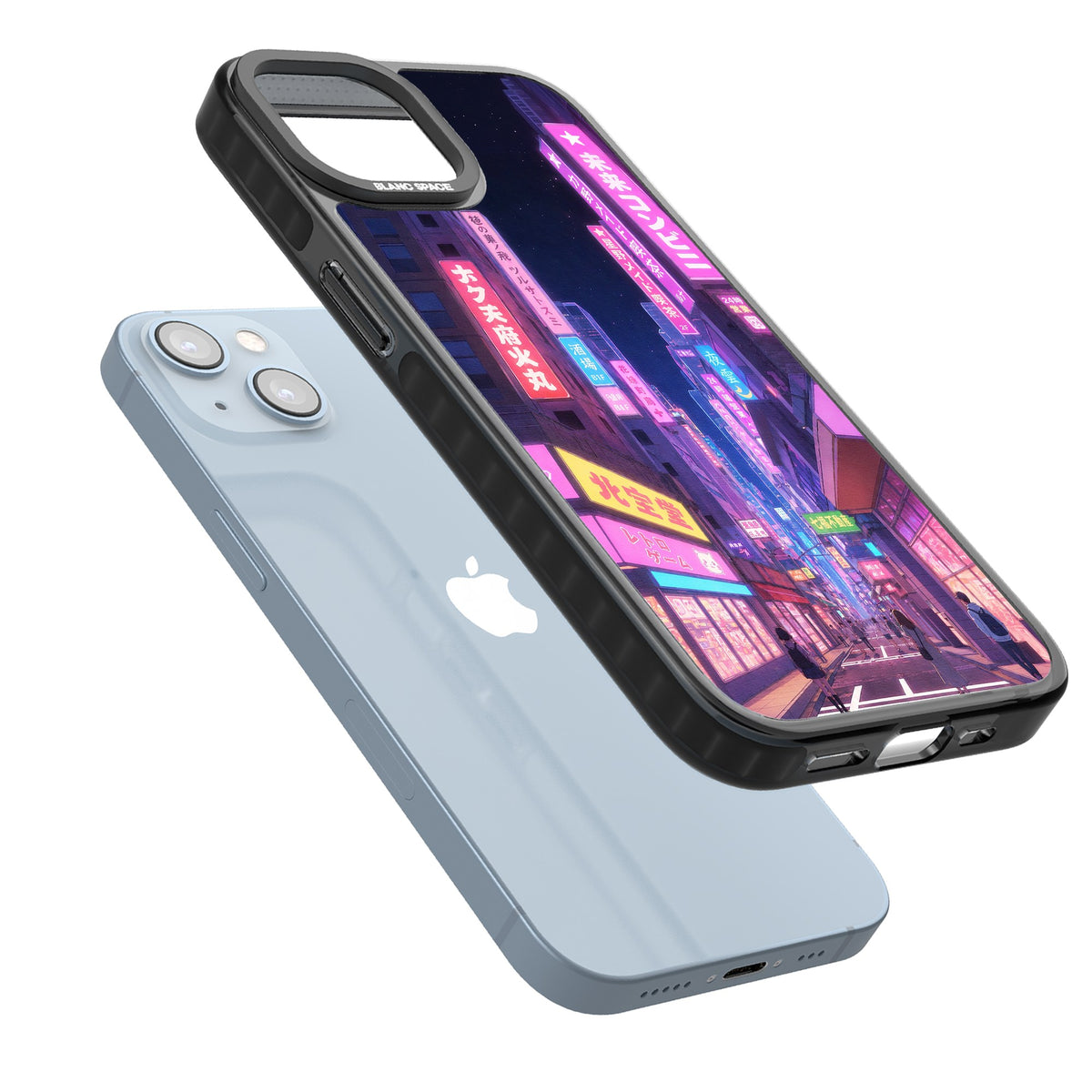 Shibuya At Night iPhone 12 / 12 Pro / iPhone 13 / iPhone 14 / iPhone 14 Plus / iPhone 15 / iPhone 15 Plus Impact Black Phone Case angled