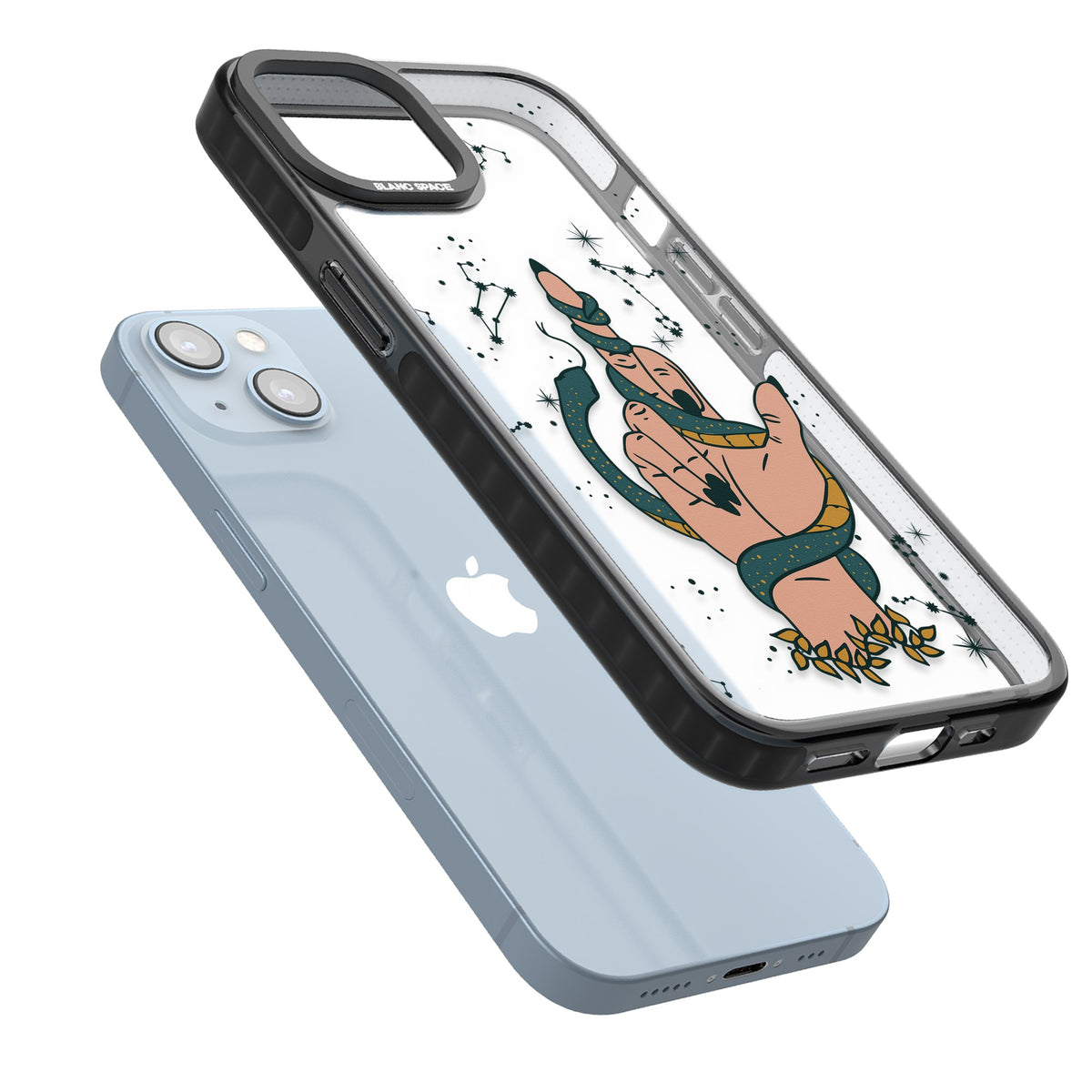 Snakes, Stars And Cynicism iPhone 12 / 12 Pro / iPhone 13 / iPhone 14 / iPhone 14 Plus / iPhone 15 / iPhone 15 Plus Impact Black Phone Case angled