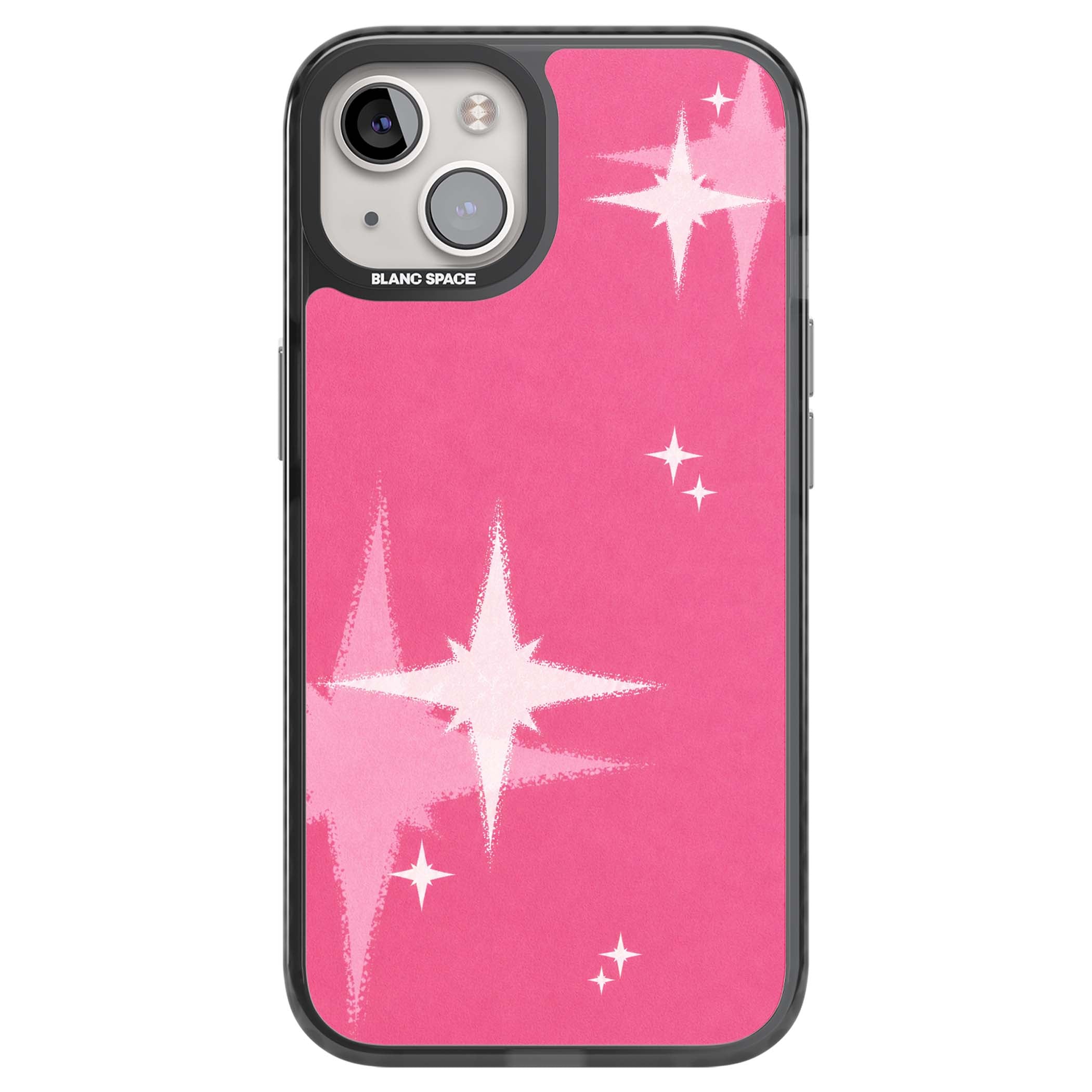 Pink Sparkle Y2K iPhone case featuring hot pink background with shimmering white starburst pattern | Black Impact case for iPhone 13, iPhone 14, iPhone 15
