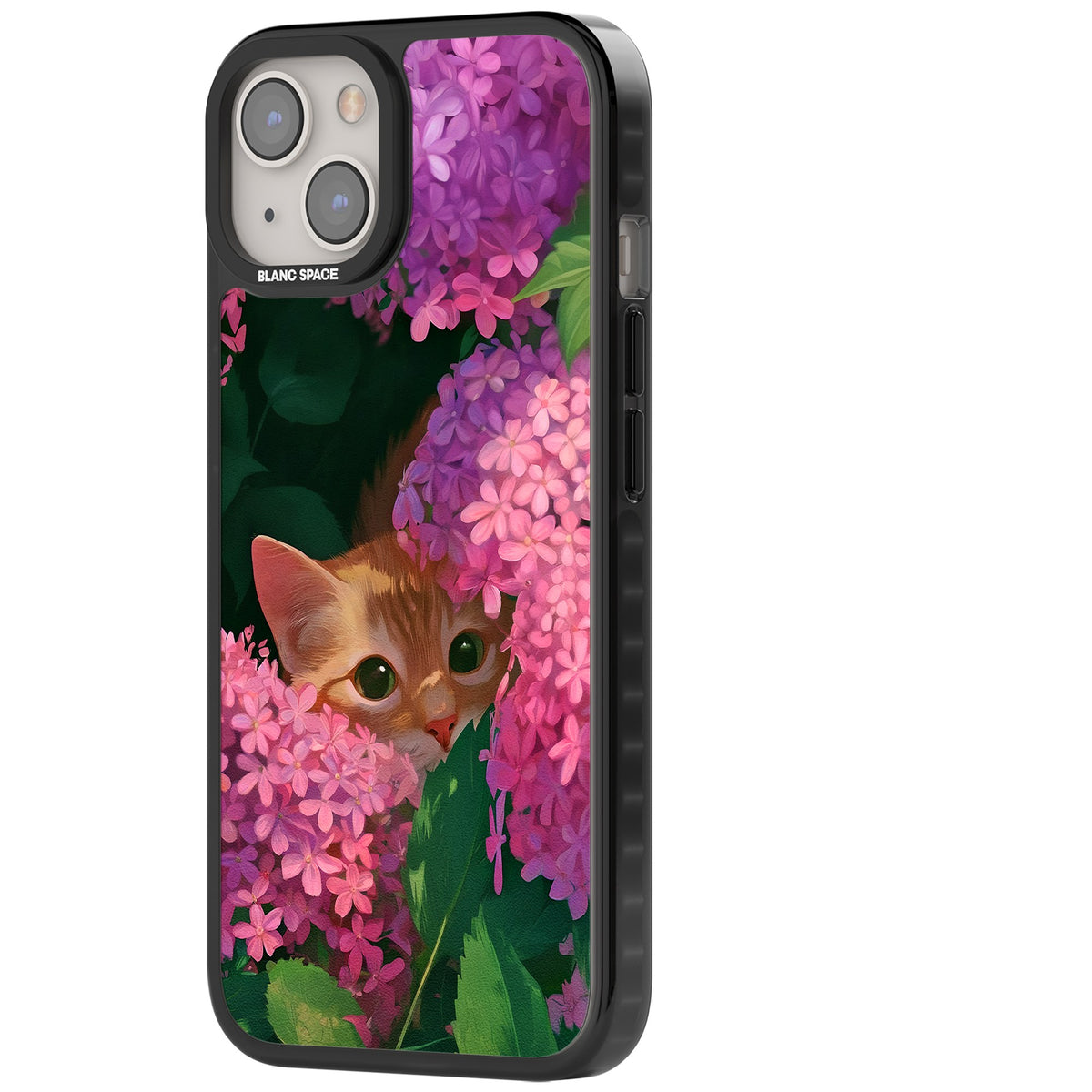 Cat In Pink Flowers iPhone 12 / 12 Pro / iPhone 13 / iPhone 14 / iPhone 14 Plus / iPhone 15 / iPhone 15 Plus Impact Black Phone Case side