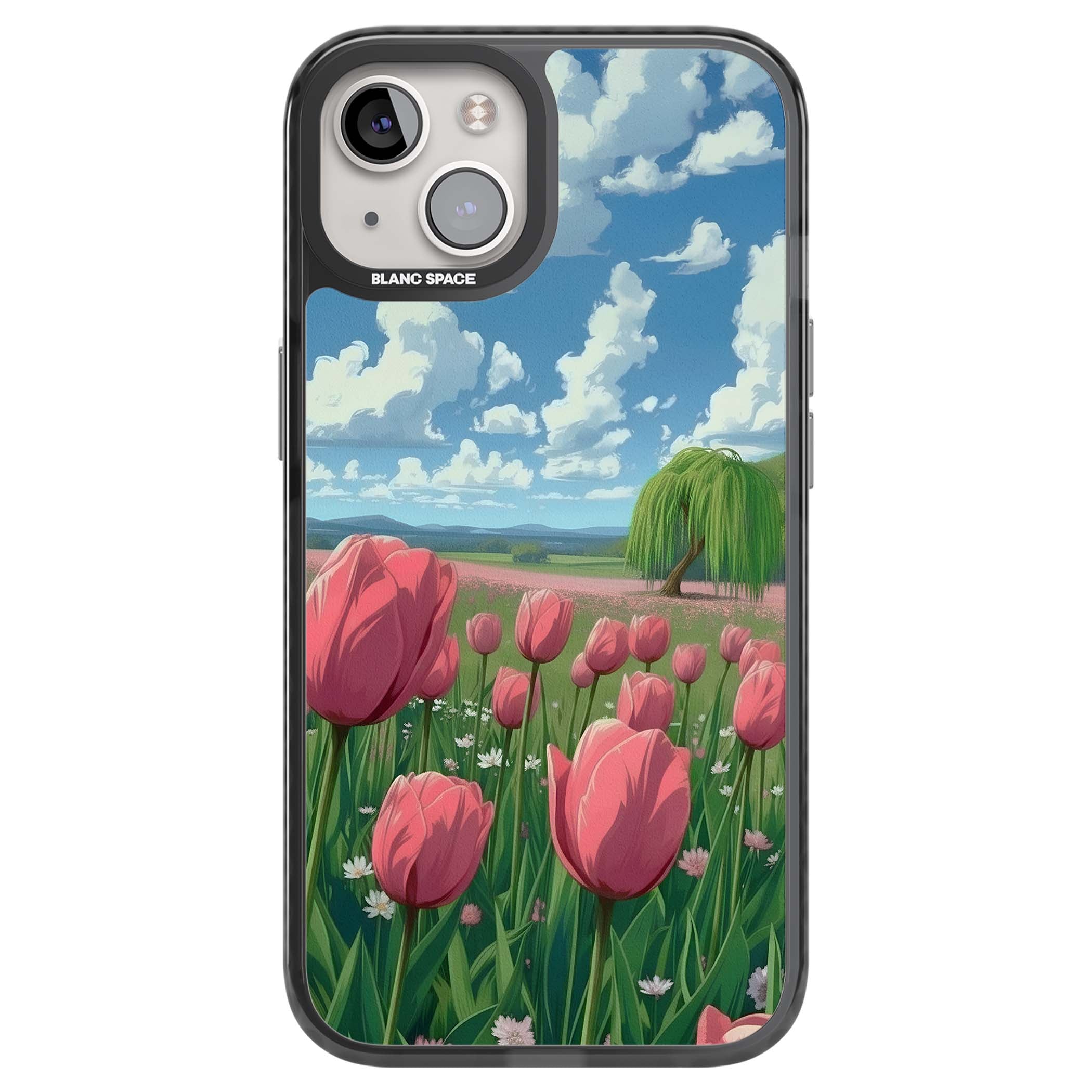 Willow By The Pink Tulips floral iPhone case | Black Impact case for iPhone 13, iPhone 14, iPhone 15