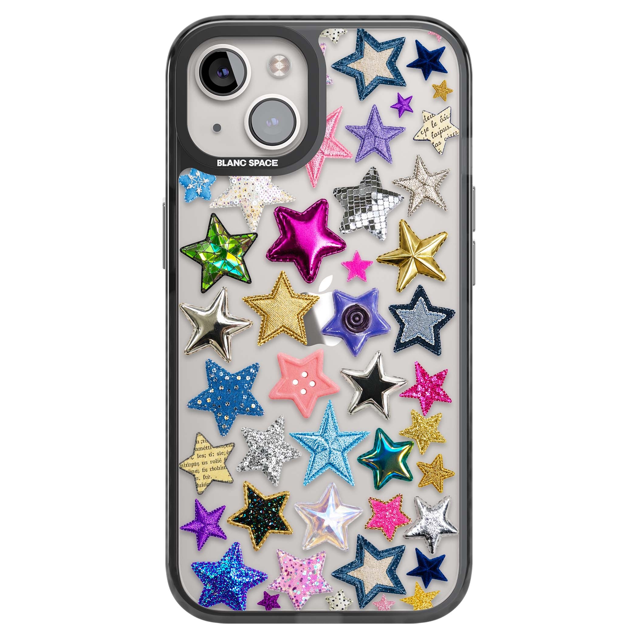 Crafty Star Mix Y2K iPhone case featuring embroidered, sequinned and glitter star patches in rainbow colours | Black Impact case for iPhone 13, iPhone 14, iPhone 15