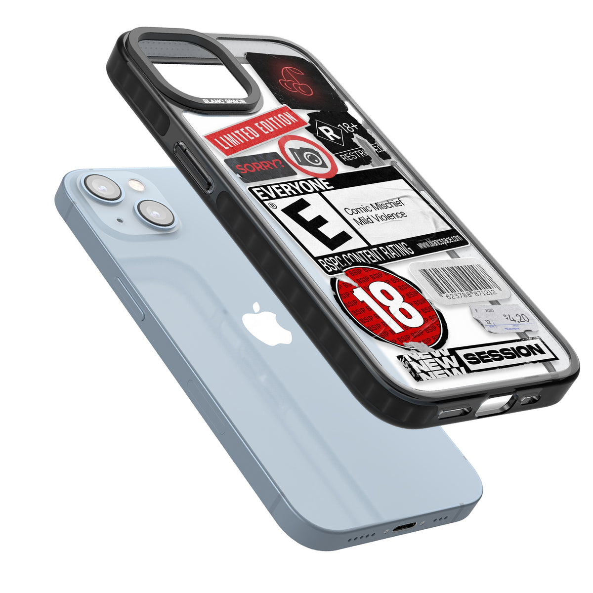 Parental Advisory iPhone 12 / 12 Pro / iPhone 13 / iPhone 14 / iPhone 14 Plus / iPhone 15 / iPhone 15 Plus Impact Black Phone Case angled