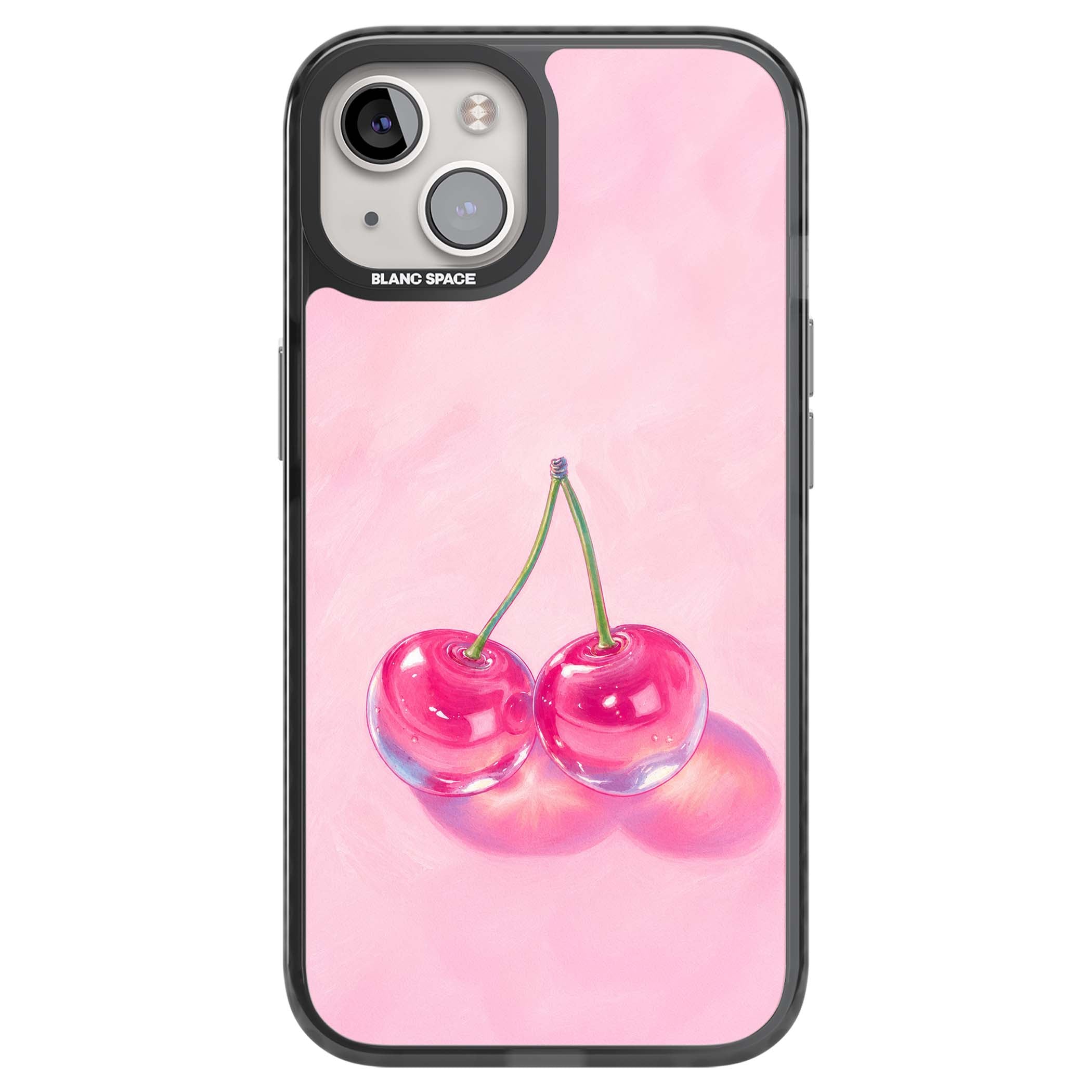 Pink Glass Cherry coquette iPhone case featuring two glossy painted cherries on a soft pink background | Black Impact case for iPhone 13, iPhone 14, iPhone 15
