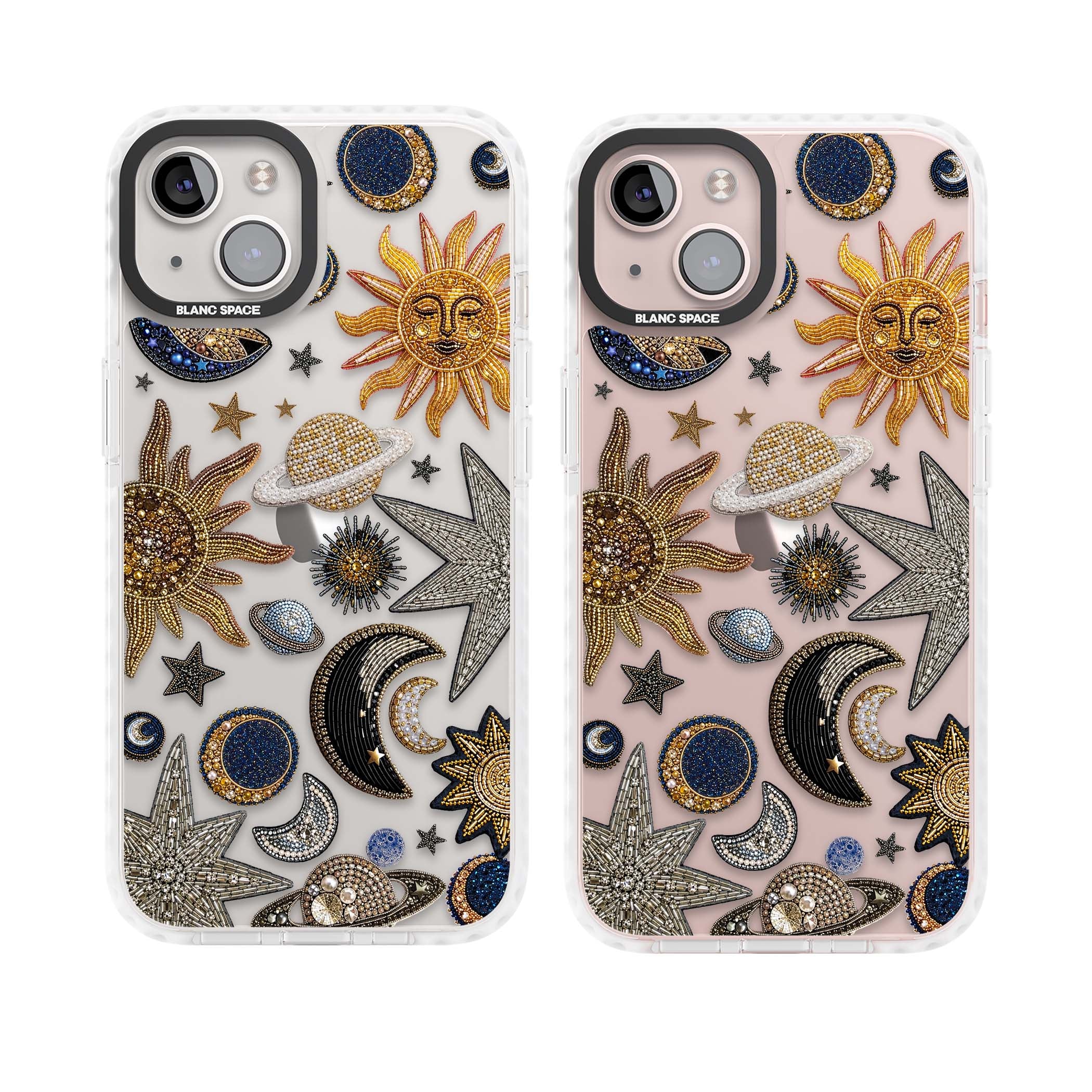 Beaded Cosmos celestial iPhone case featuring embroidered golden suns, beaded planets and silver shooting stars | Clear Impact case for iPhone 13, iPhone 14, iPhone 15