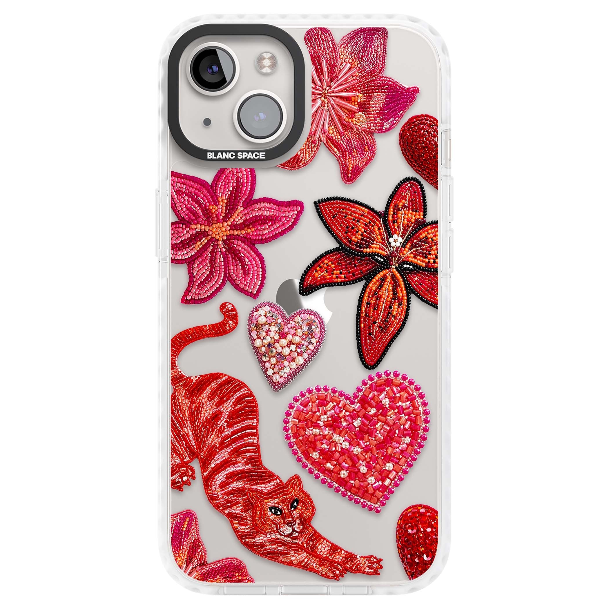 Beaded Boho floral iPhone case featuring beaded red lilies, a stitched tiger, and pearl-encrusted hearts on clear | Clear Impact case for iPhone 13, iPhone 14, iPhone 15