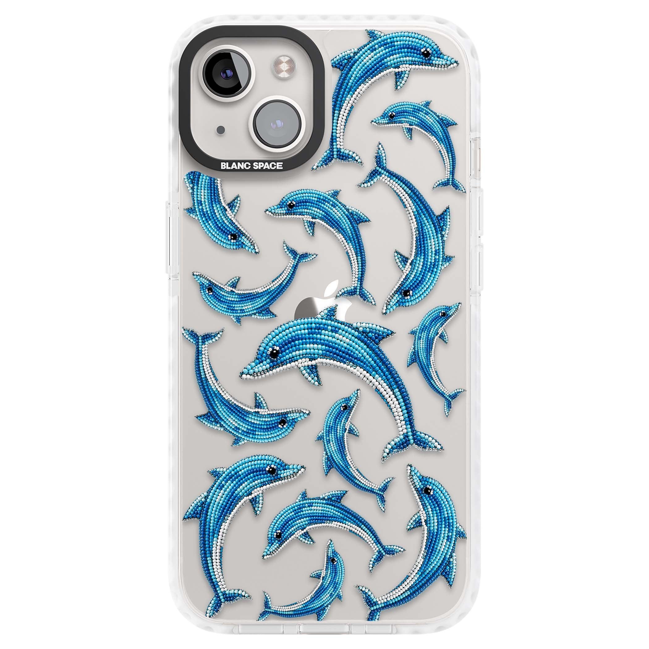 Beaded Dolphins coastal iPhone case featuring beaded dolphins in blue and white swimming across a clear background | Clear Impact case for iPhone 13, iPhone 14, iPhone 15