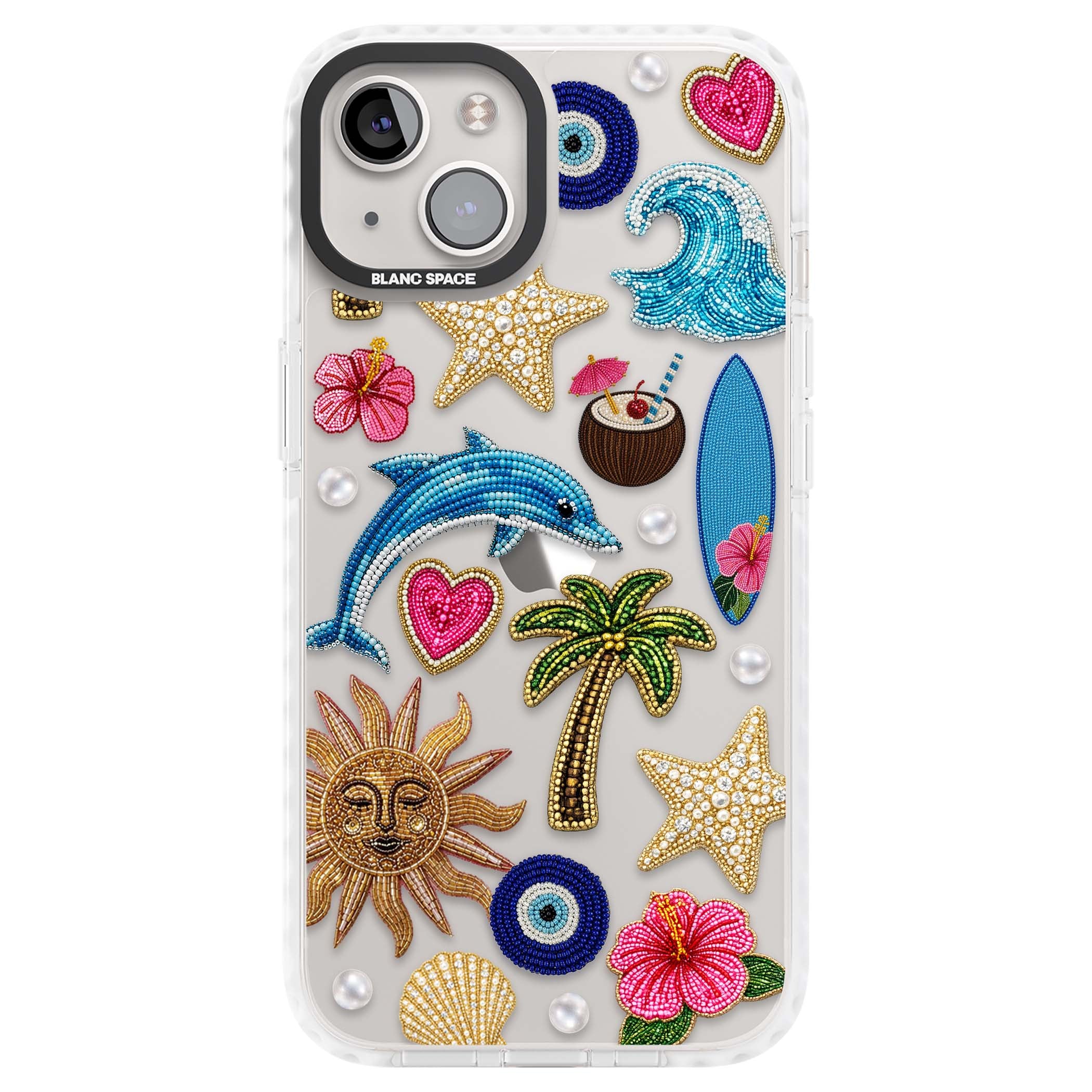Beaded Beach coastal summer iPhone case featuring embroidered evil eye, hibiscus flowers, dolphin and palm tree patches | Clear Impact case for iPhone 13, iPhone 14, iPhone 15