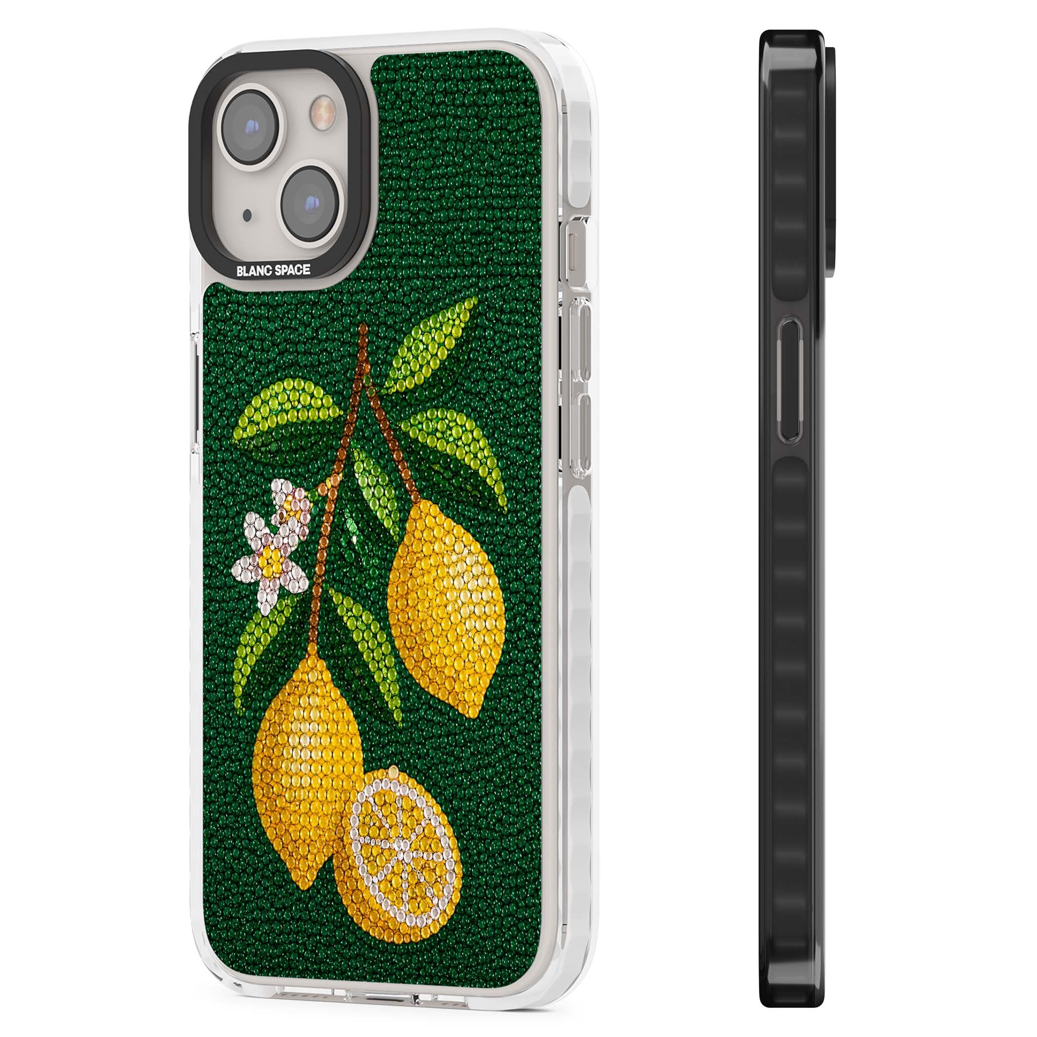 Beaded Lemons coastal iPhone case featuring crystal-beaded lemons, citrus blossom and green leaves on emerald ground | Clear Impact case for iPhone 13, iPhone 14, iPhone 15