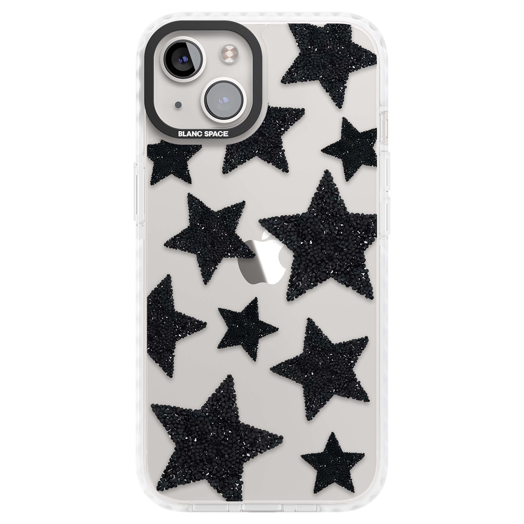 Beaded Black Stars celestial iPhone case featuring black glitter beaded stars scattered on a clear background | Clear Impact case for iPhone 13, iPhone 14, iPhone 15