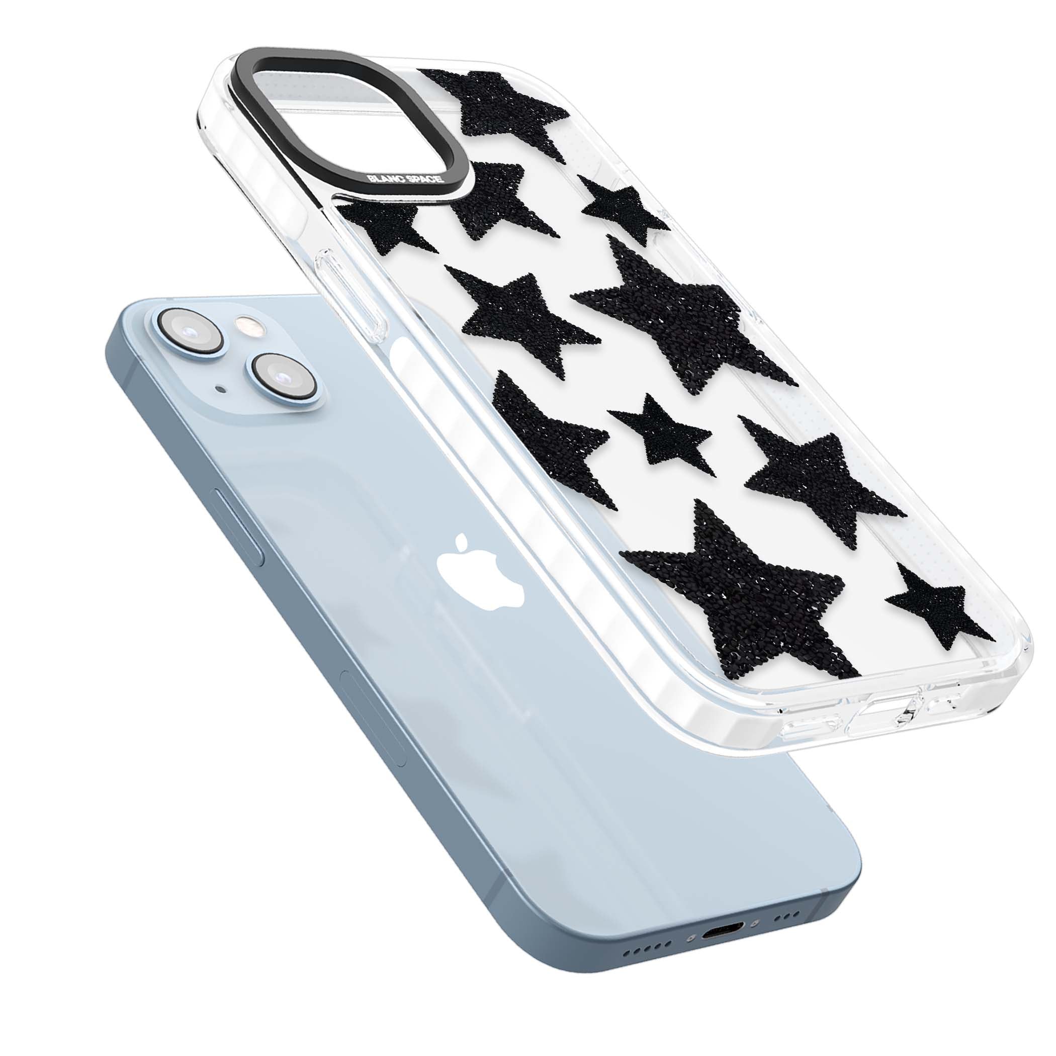 Beaded Black Stars celestial iPhone case featuring black glitter beaded stars scattered on a clear background | Clear Impact case for iPhone 13, iPhone 14, iPhone 15