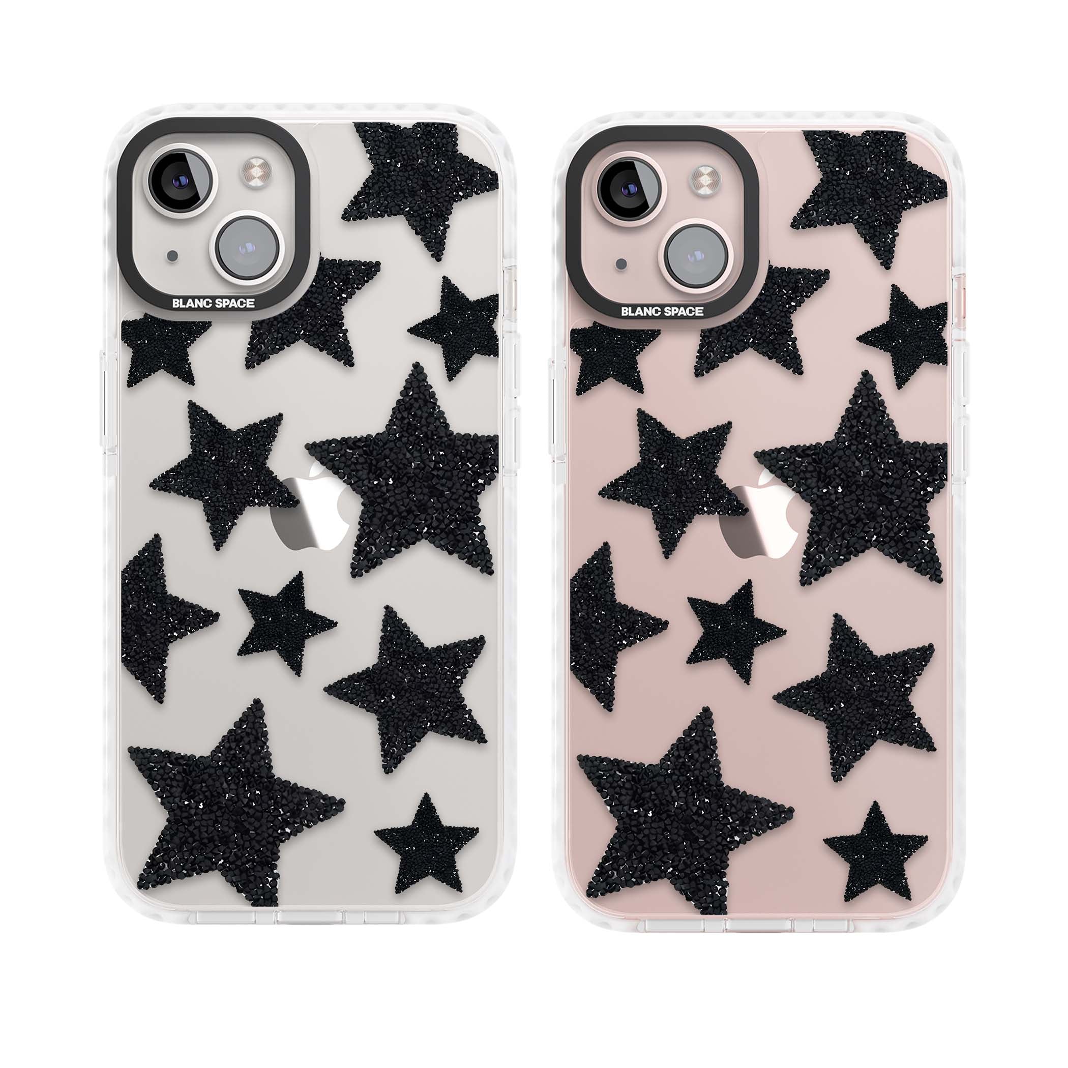 Beaded Black Stars celestial iPhone case featuring black glitter beaded stars scattered on a clear background | Clear Impact case for iPhone 13, iPhone 14, iPhone 15