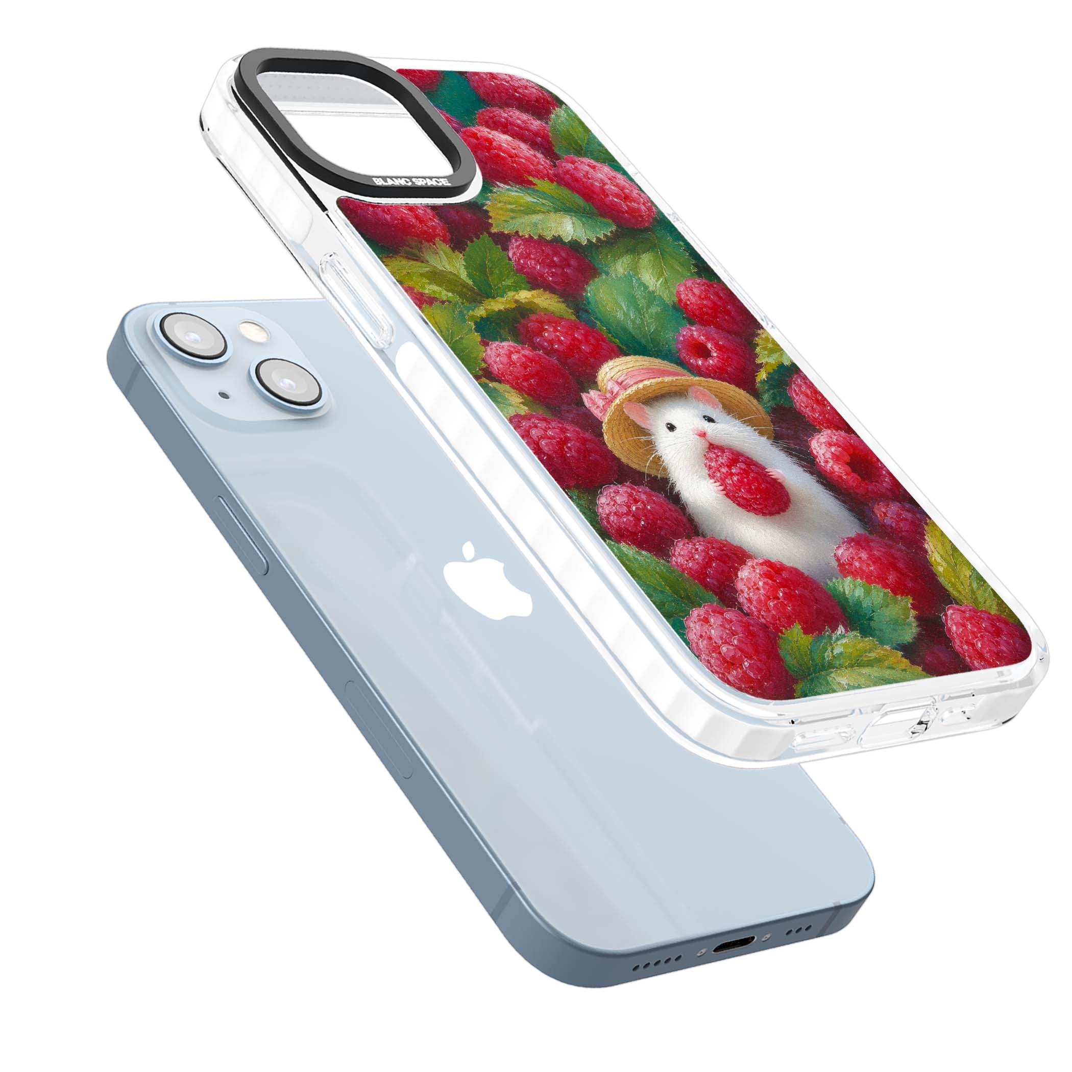 Berry Forager cottagecore iPhone case featuring a white hamster in a straw hat holding a raspberry surrounded by ripe ber | Clear Impact case for iPhone 13, iPhone 14, iPhone 15