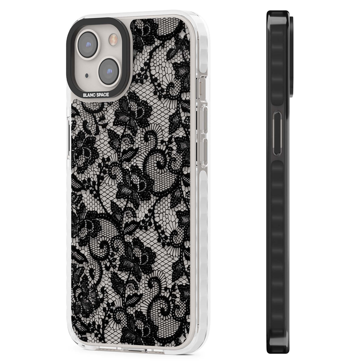 Black Lace gothic iPhone case featuring intricate black floral lace pattern with vintage whimsigoth detail | Clear Impact case for iPhone 13, iPhone 14, iPhone 15