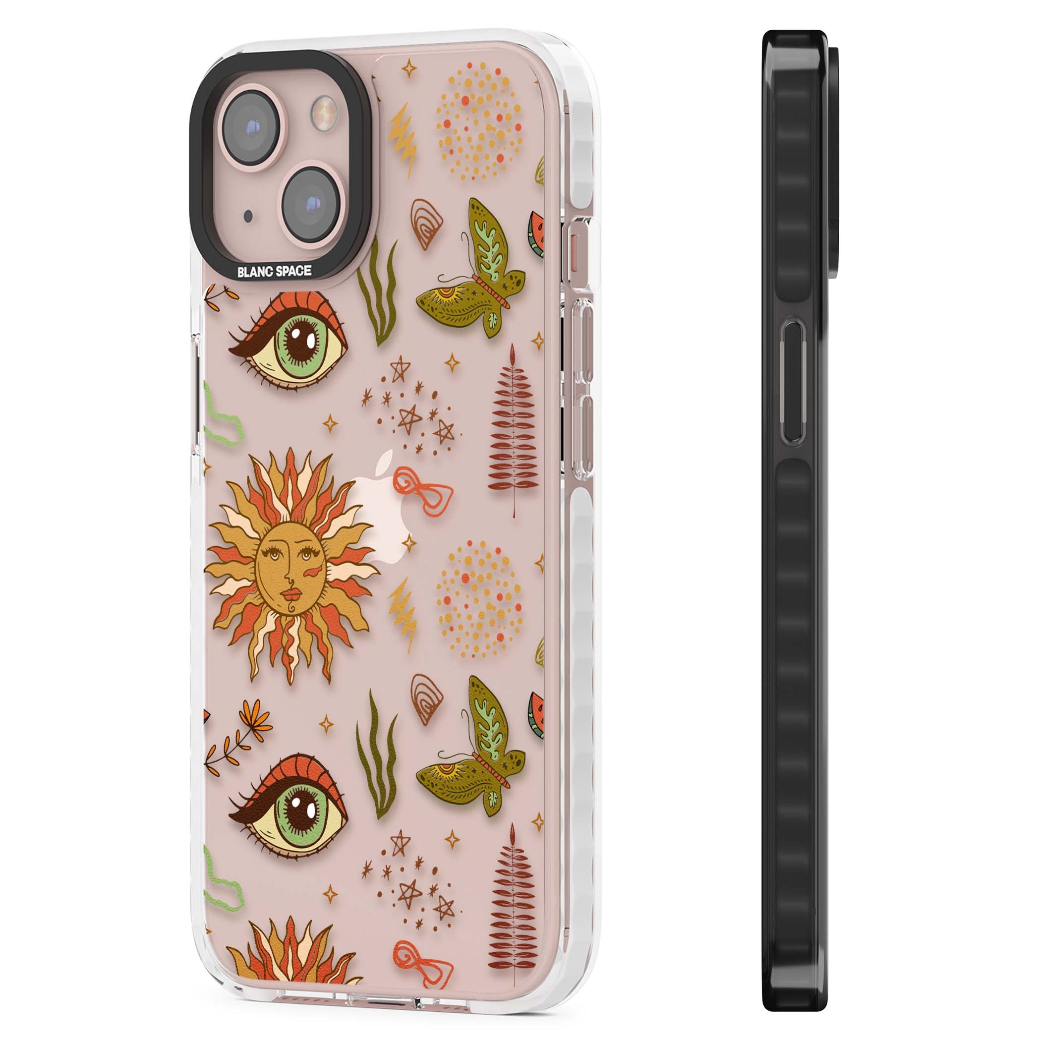 Elevate Your Phone'S Style With This Boho Celestial Sun & Eye Phone Case, Featuring A Mystical Blend Of Suns, All-Seeing Eyes, Butterflies, Stars, And