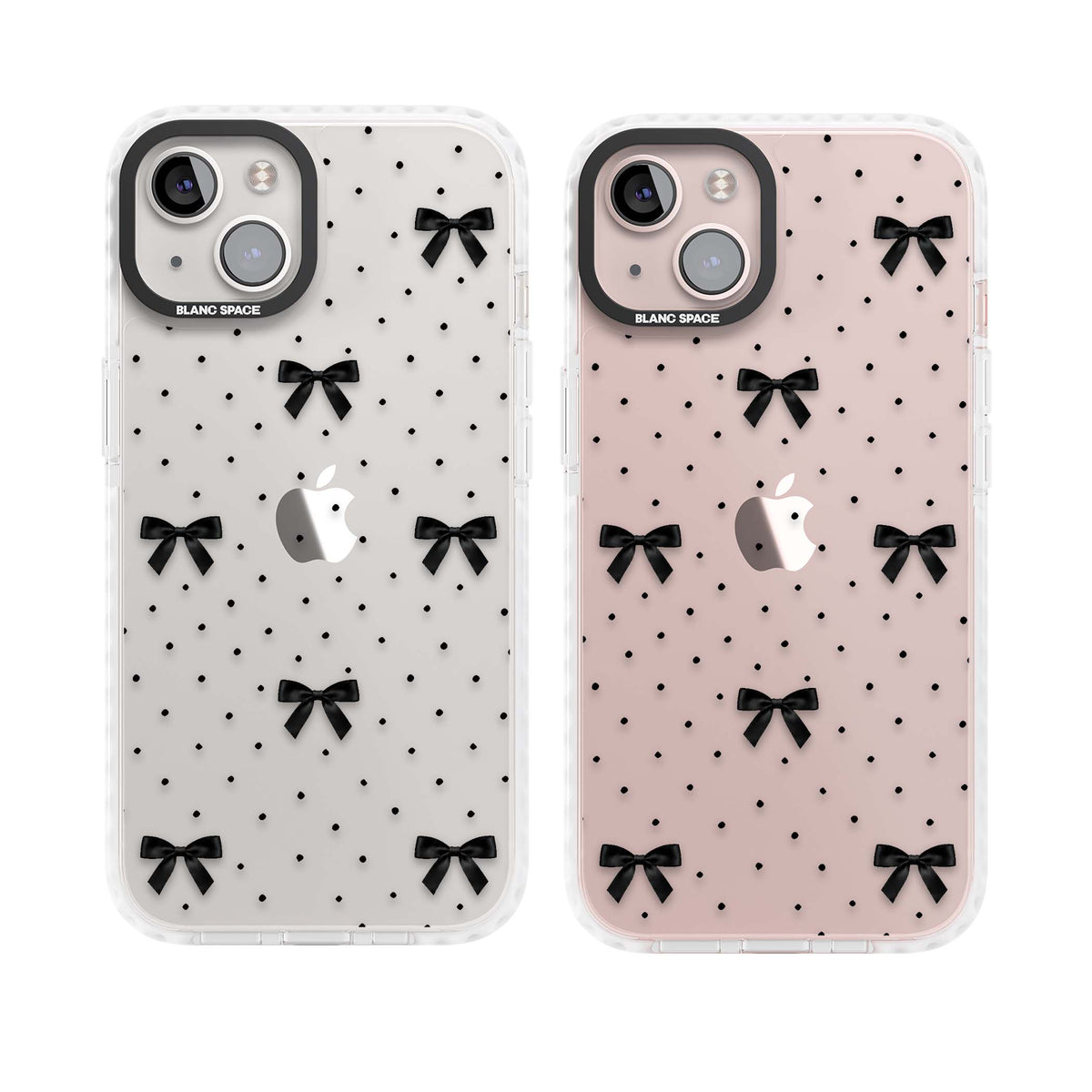 Black Polka Bows coquette iPhone case featuring scattered black satin bows and tiny polka dots on a clear base | Clear Impact case for iPhone 13, iPhone 14, iPhone 15