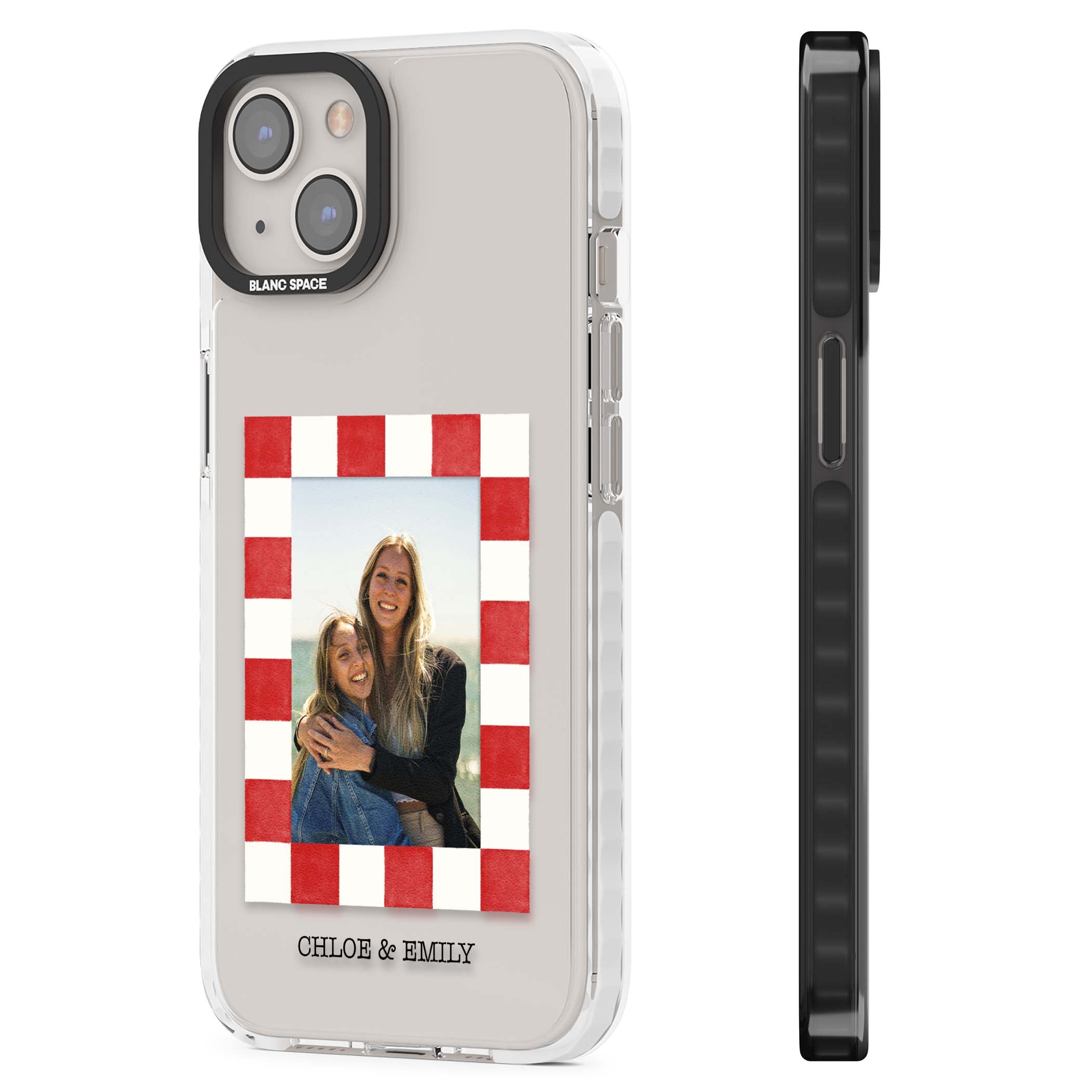 Red Check Photo personalised photo iPhone case with red and white checkered polaroid frame and custom couple name | Clear Impact case for iPhone 13, iPhone 14, iPhone 15