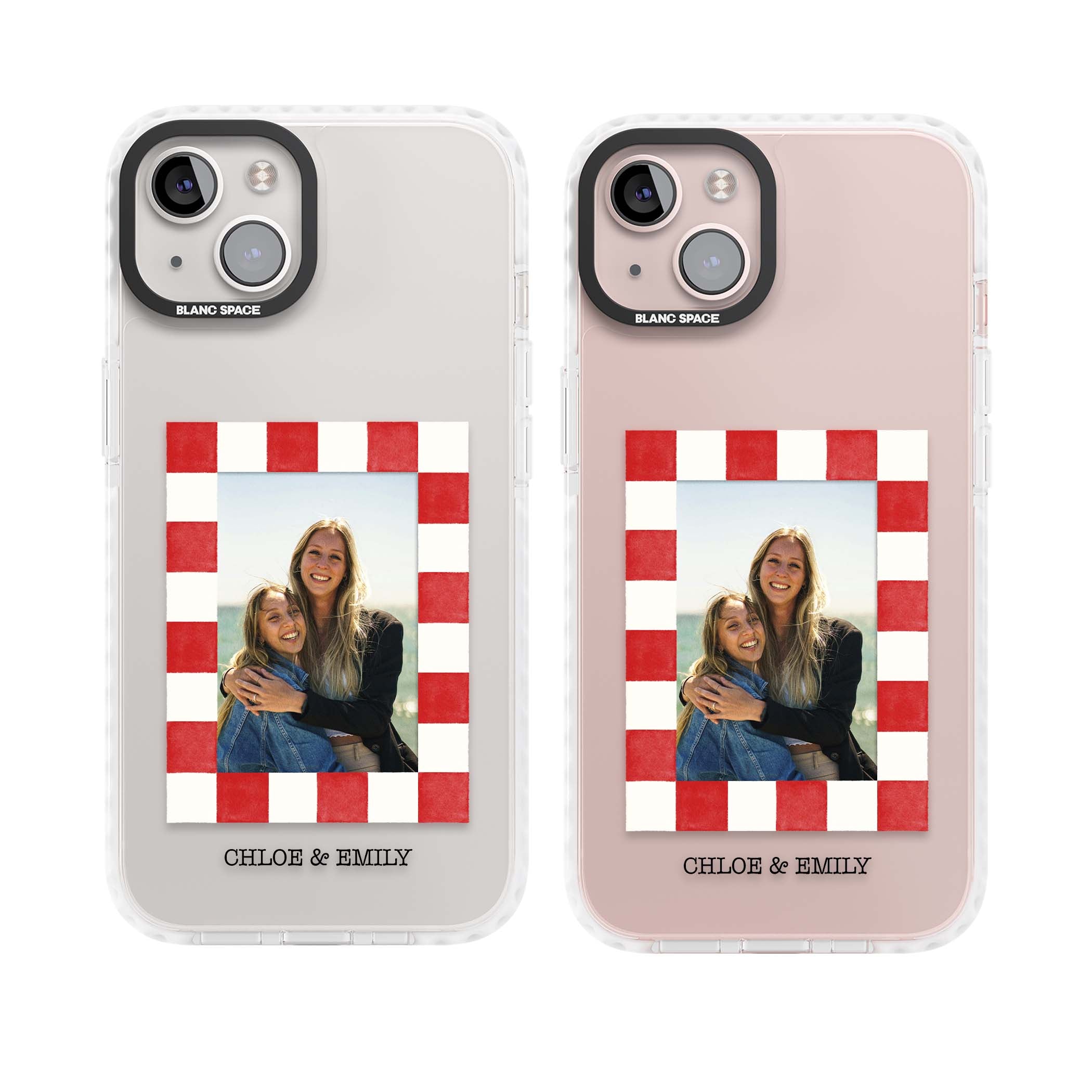 Red Check Photo personalised photo iPhone case with red and white checkered polaroid frame and custom couple name | Clear Impact case for iPhone 13, iPhone 14, iPhone 15