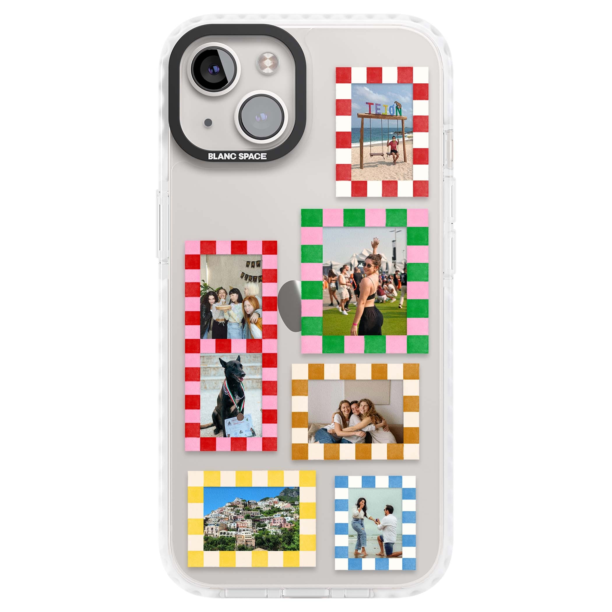 Italian Check Frames custom photo collage iPhone case featuring six checkered photo frames in red, green, pink and | Clear Impact case for iPhone 13, iPhone 14, iPhone 15
