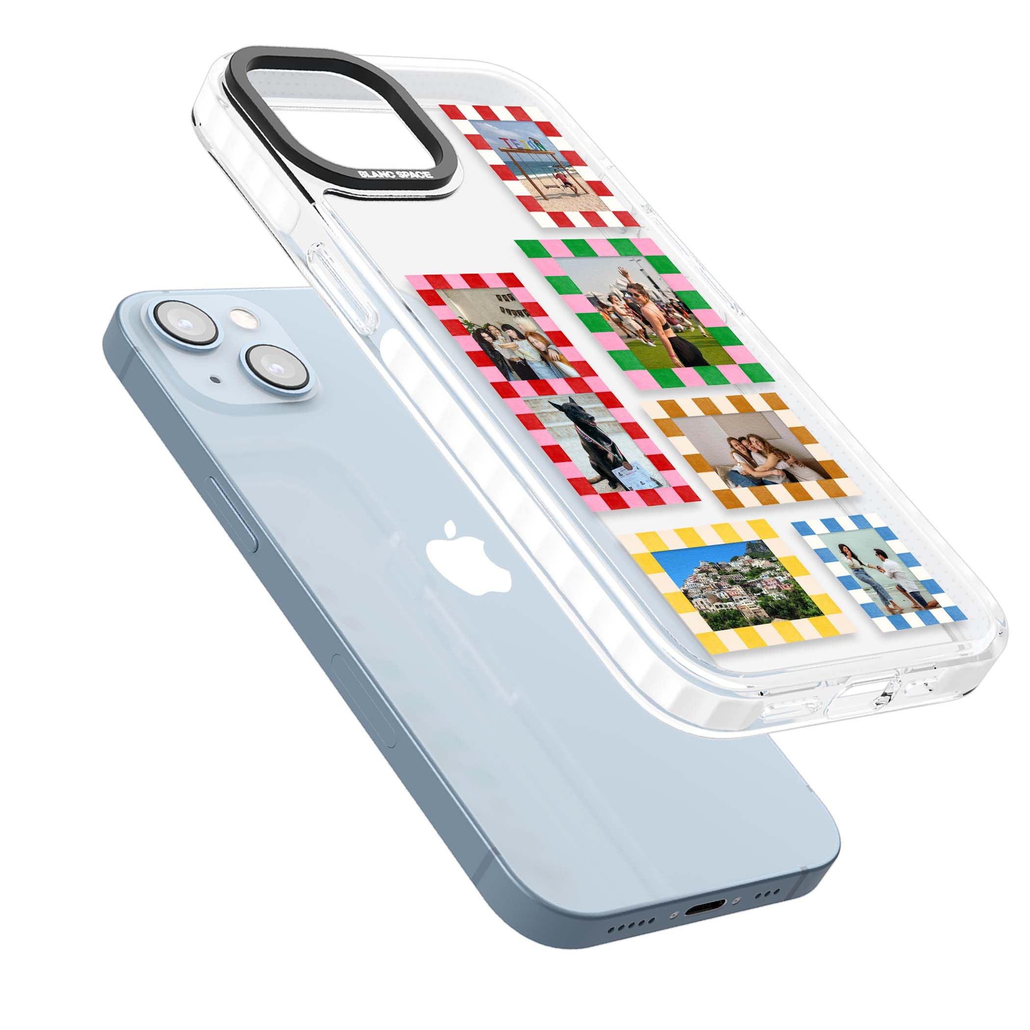 Italian Check Frames custom photo collage iPhone case featuring six checkered photo frames in red, green, pink and | Clear Impact case for iPhone 13, iPhone 14, iPhone 15