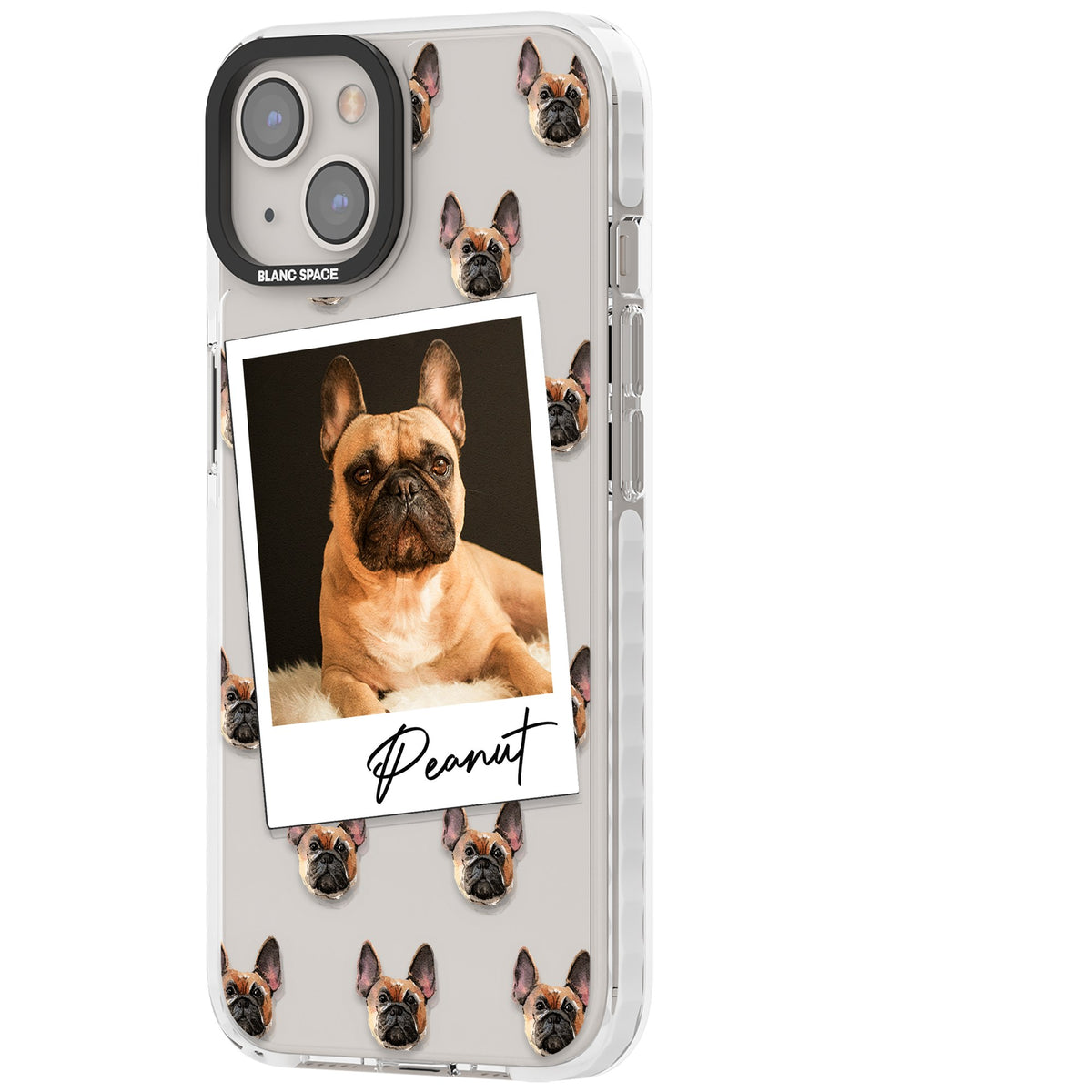 Personalised Tan French Bulldog Instant Camera Photo iPhone 12 / 12 Pro / iPhone 13 / iPhone 14 / iPhone 14 Plus / iPhone 15 / iPhone 15 Plus Impact Clear Phone Case side